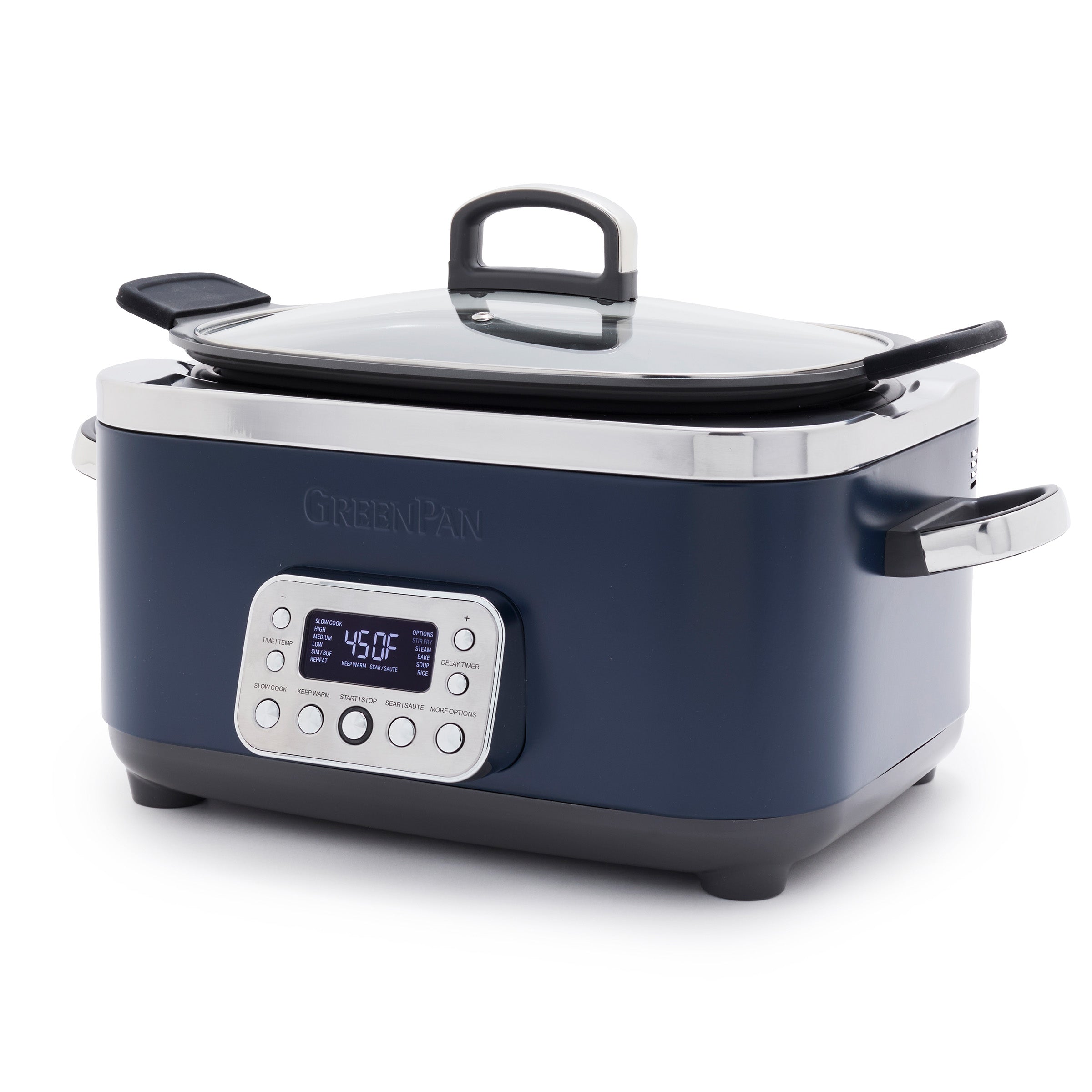 Digital slow cooker with a clear lid on a white background