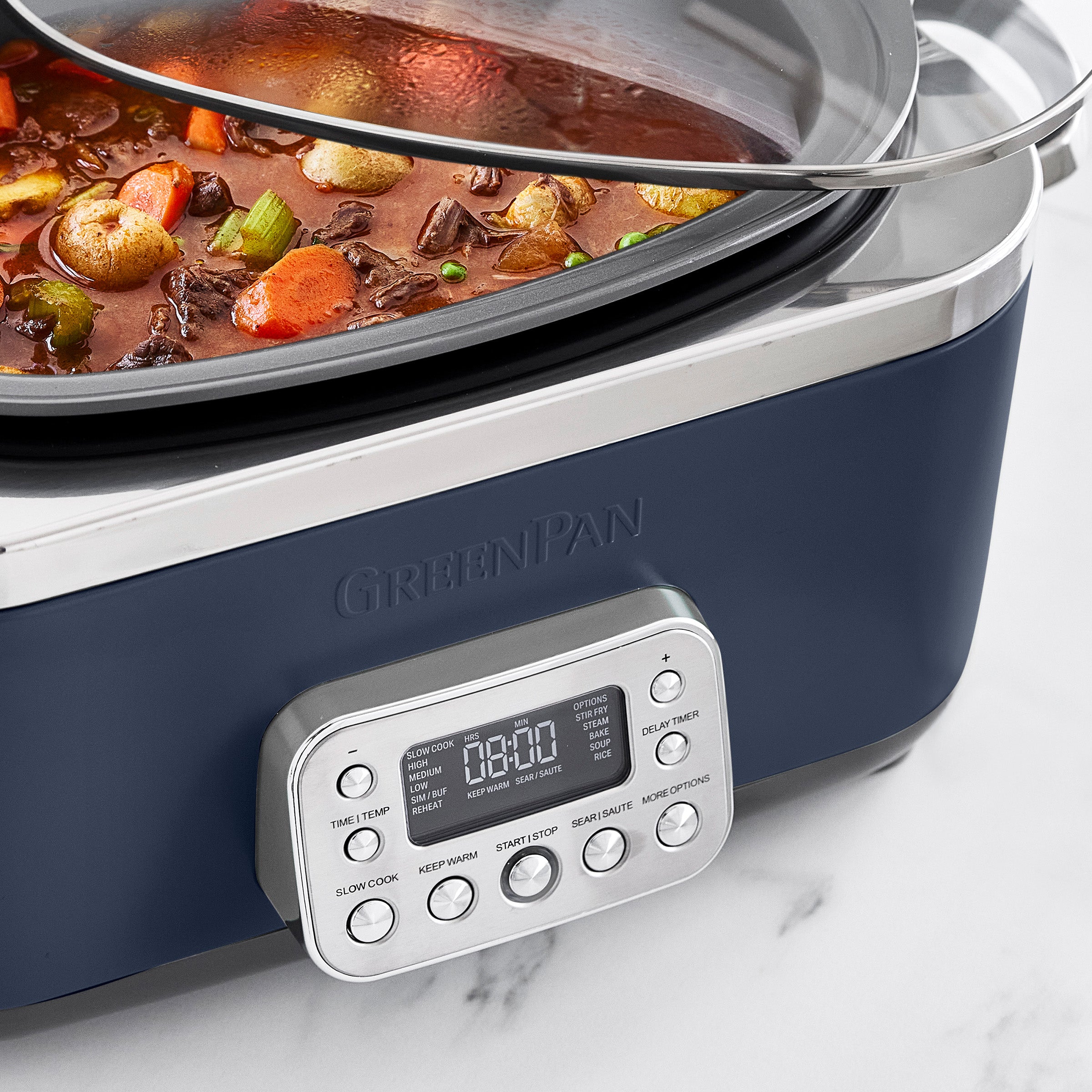 Slow cooker with a digital display on a white background