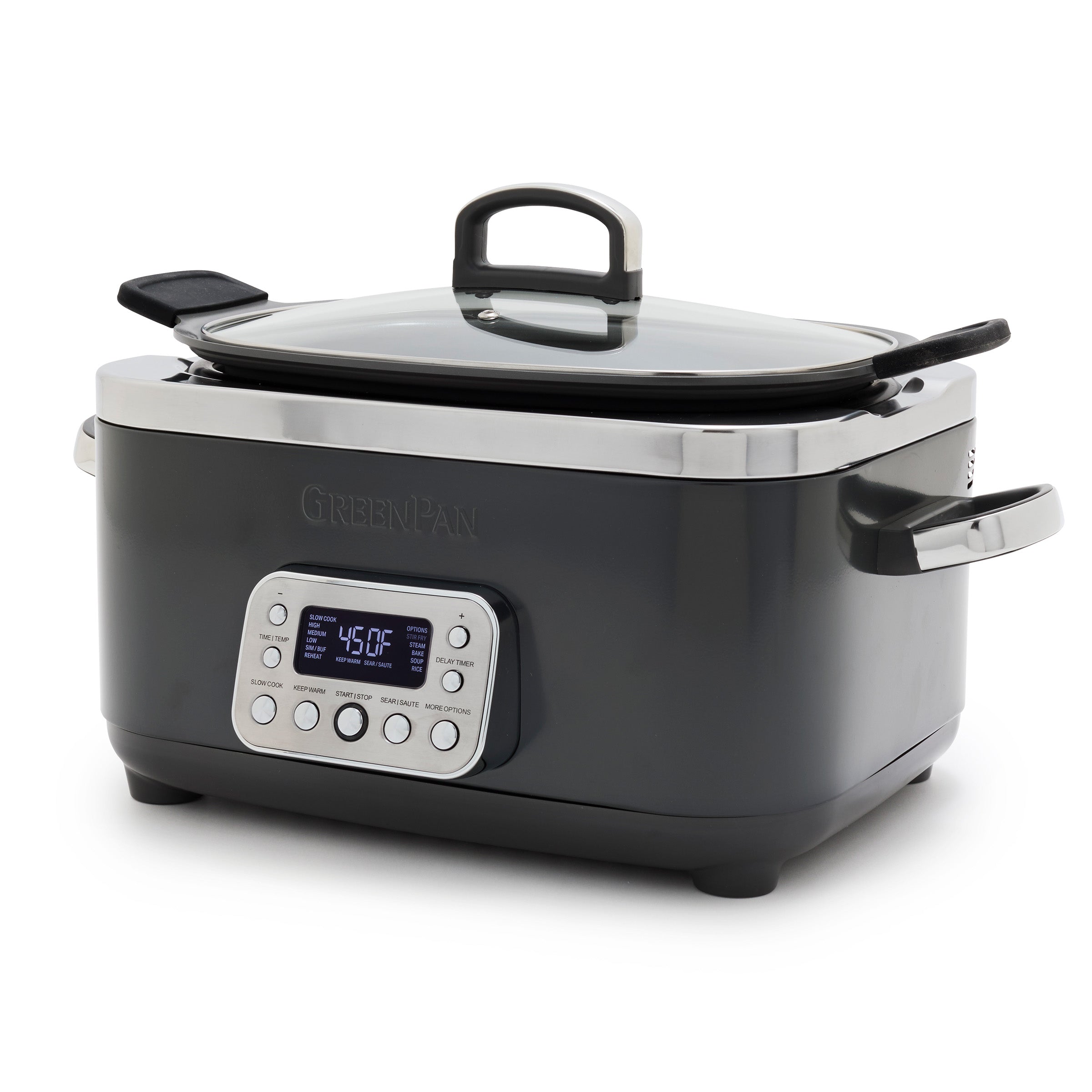 Digital slow cooker with a clear lid on a white background