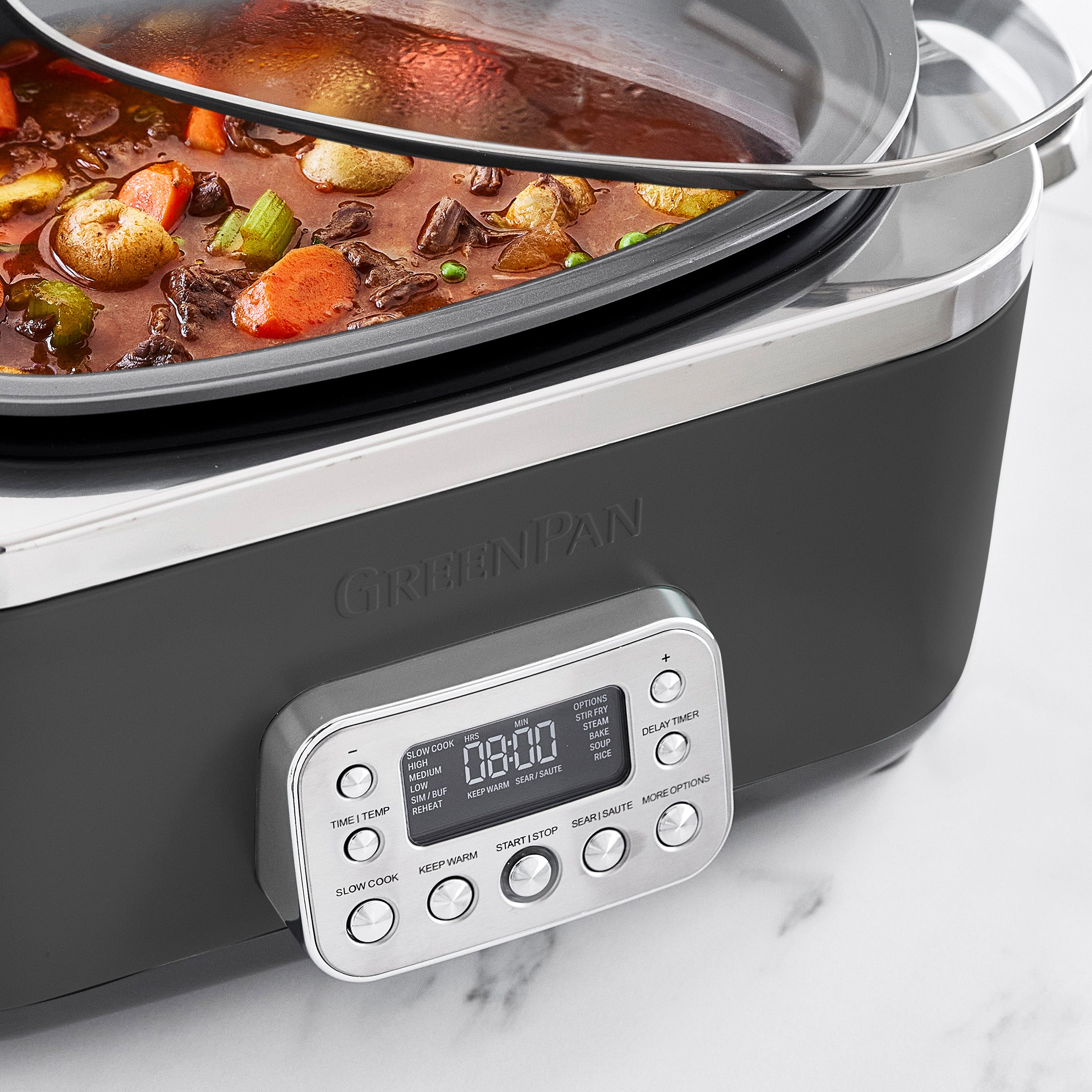 Slow cooker with a digital display on a white background