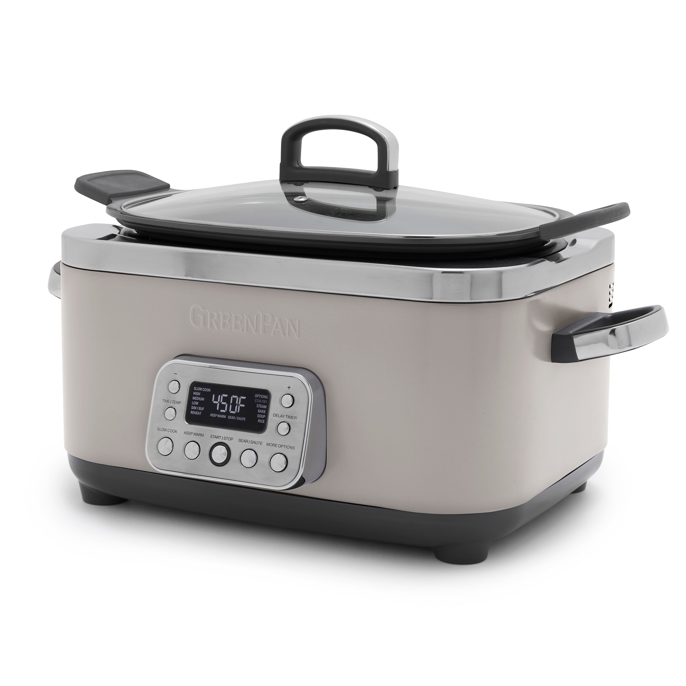 Digital slow cooker with a clear lid on a white background