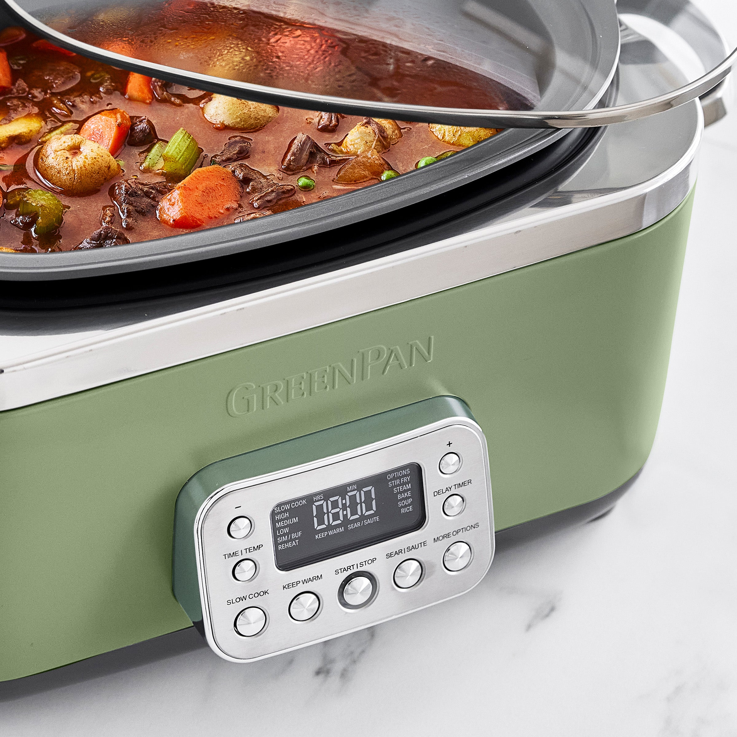 Slow cooker with a digital display on a white background
