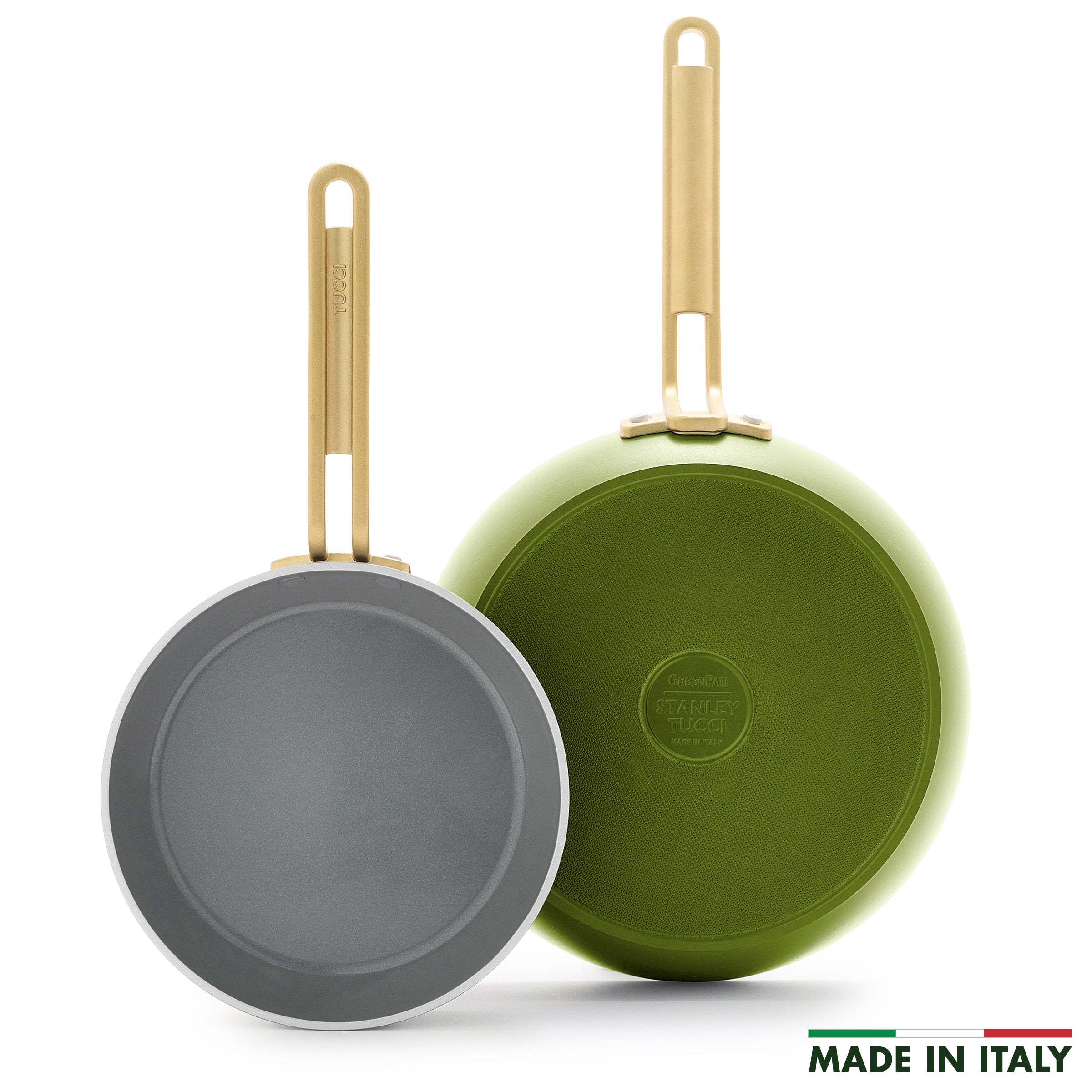 Two green frying pans with gold handles on a white background