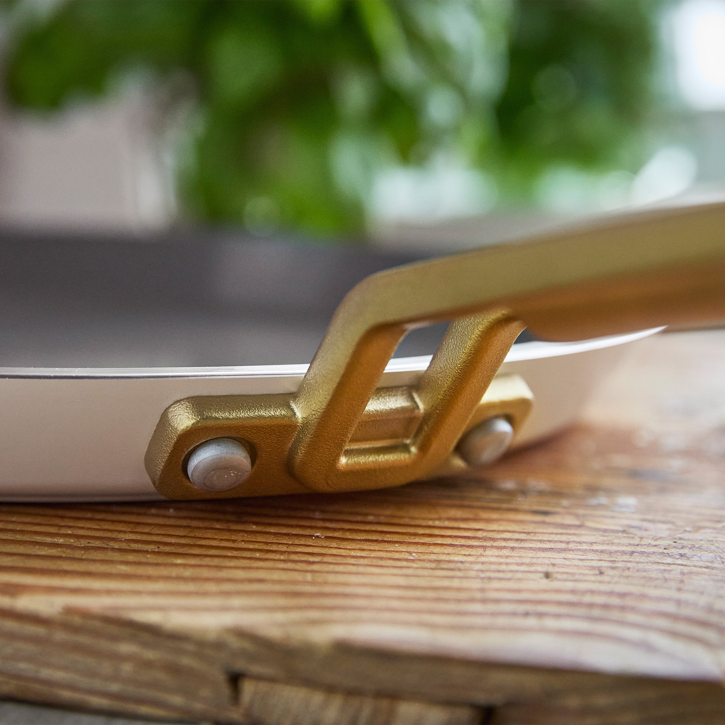 Close-up of a gold handle on a white pan with a blurred green plant in the background