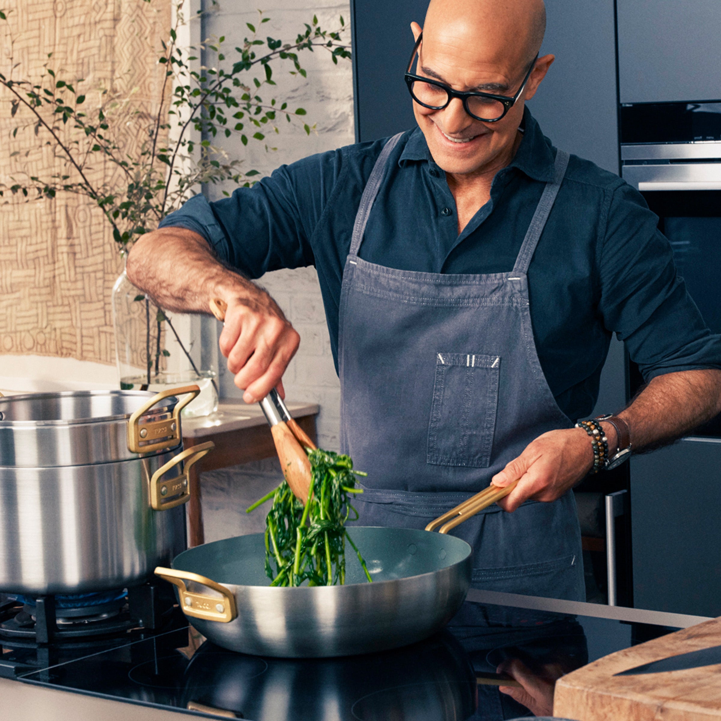 Stanley Tucci™ Stainless Steel Ceramic Nonstick 4-Quart Saucepan with Lid | Champagne Handles