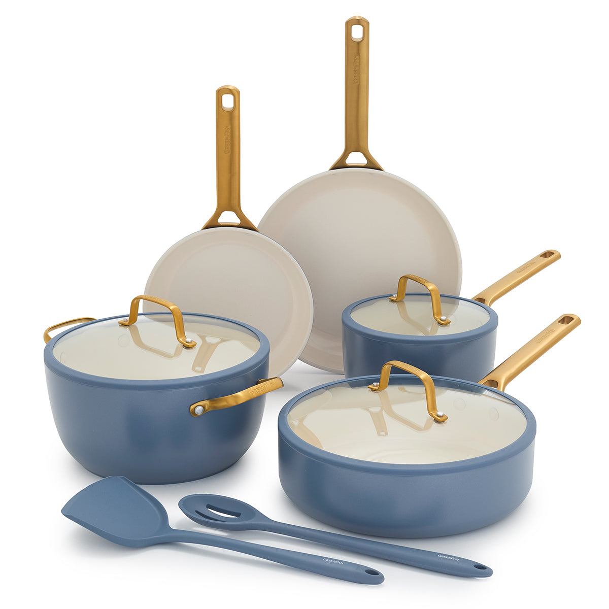 Set of blue cookware with gold handles on a white background