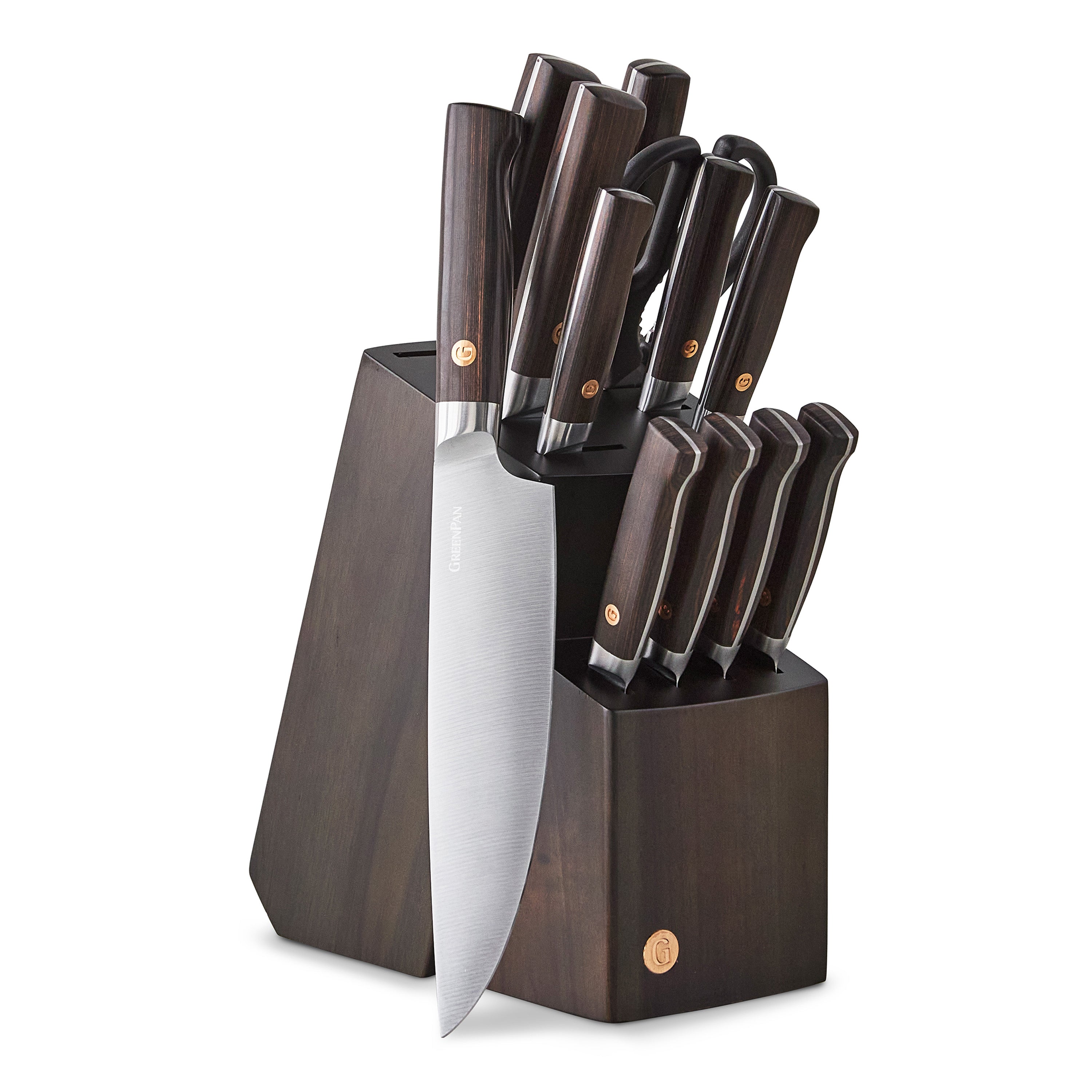 Set of knives in a knife block on a white background