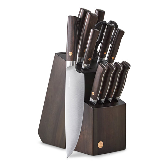Elite Cutlery 13-Piece Knife Block Set with Dark-Wood Handles