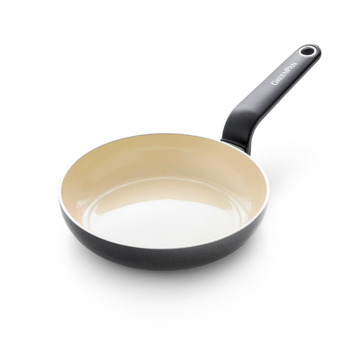 Black ceramic 8-inch frypan with light interior and black handle, shown on a white background.