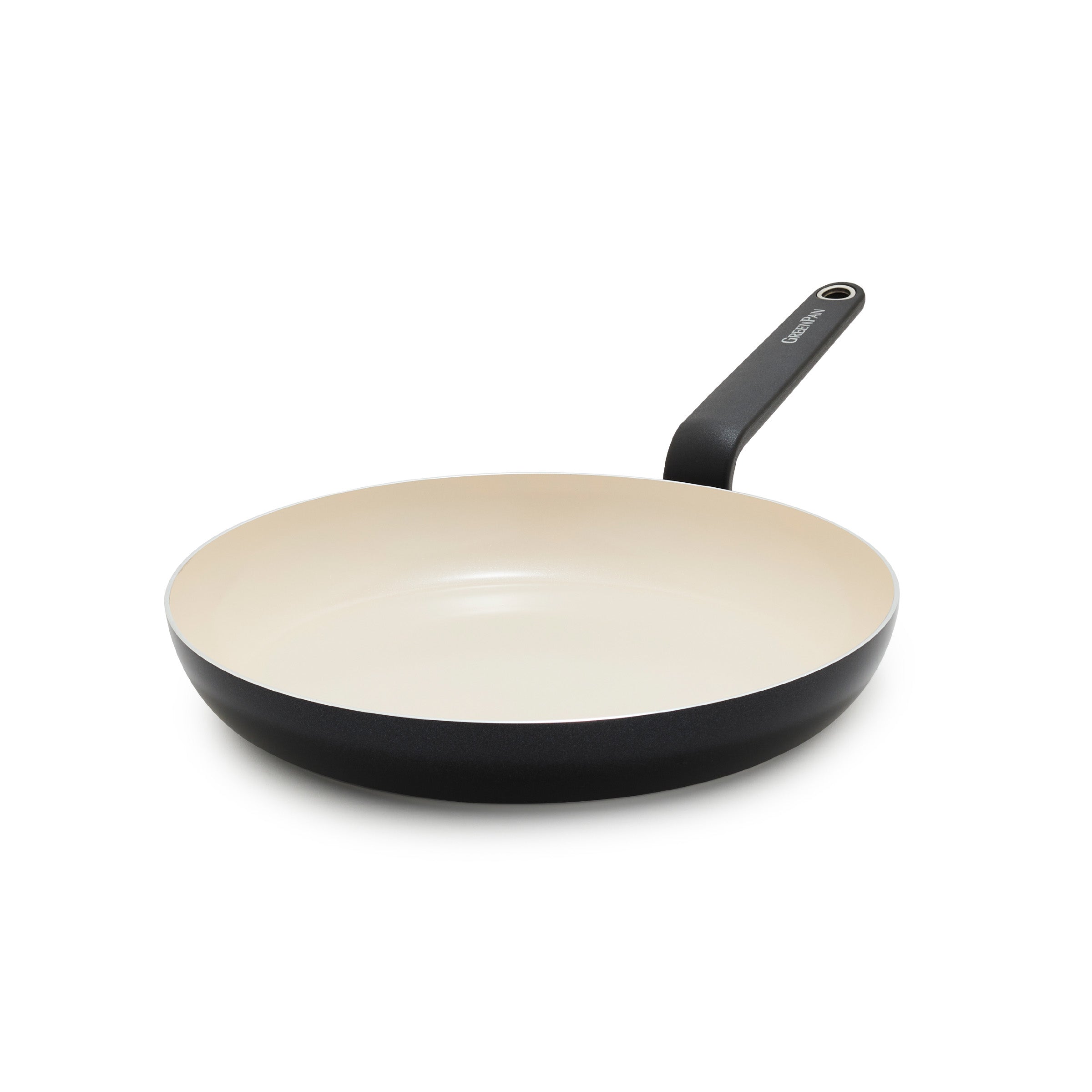 Black 8-inch ceramic frypan with a beige interior and black handle.