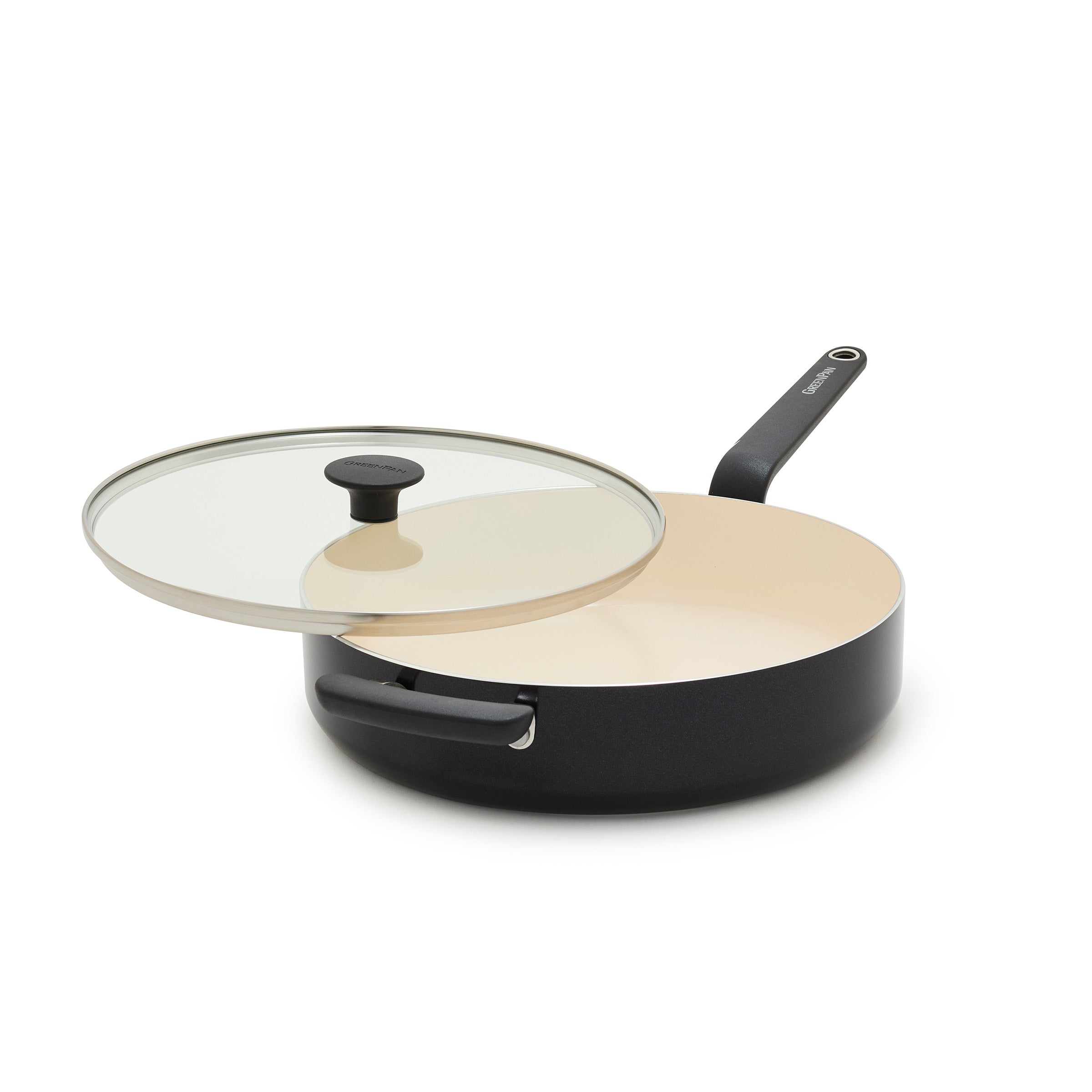 Black ceramic sauté pan with lid, 5-quart size, shown open to display its light-colored interior.
