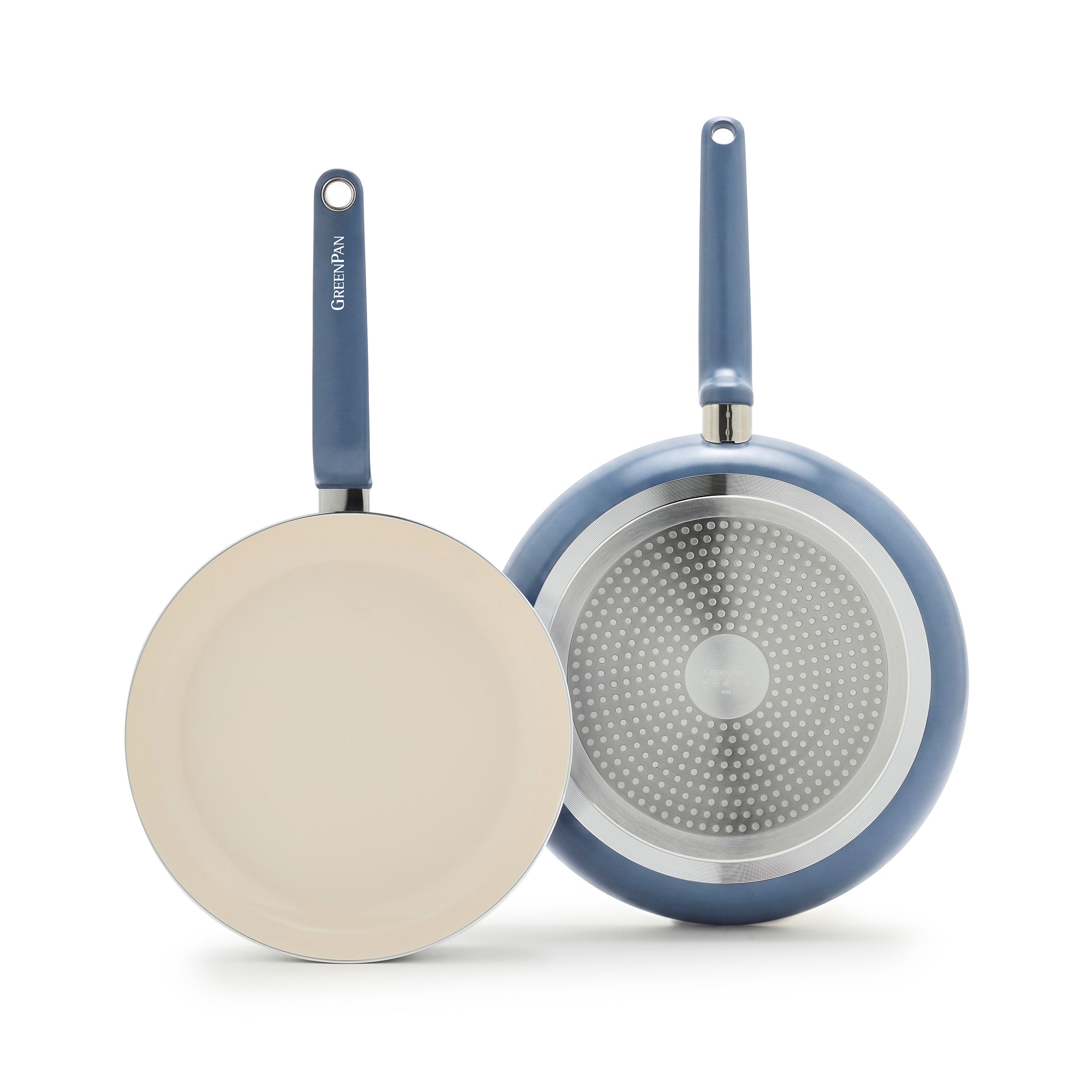 Set of two blue-handled ceramic nonstick frypans, 10-inch and 12-inch, with textured silver bottoms.