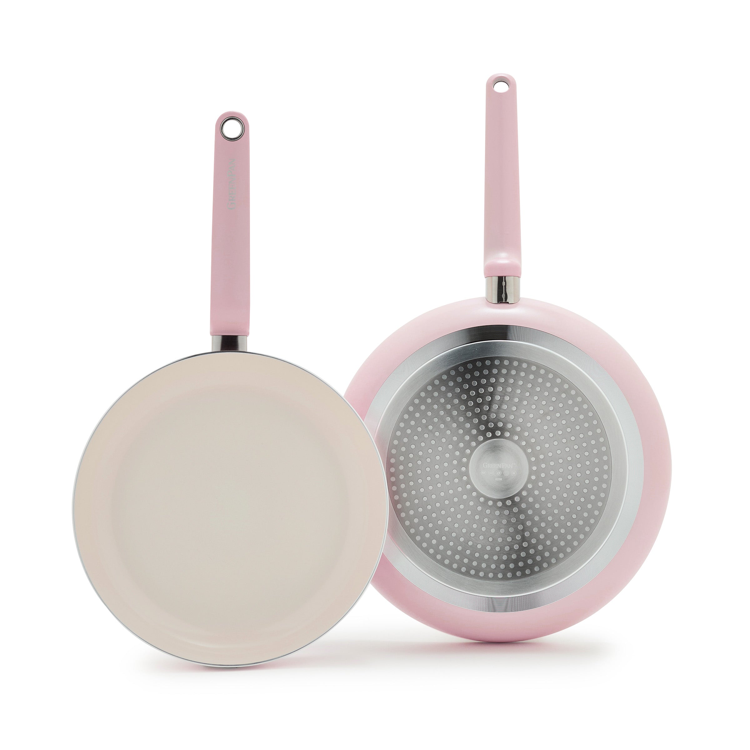 Pink ceramic 10 and 12 frypans, one showing a cream interior, the other with a silver textured bottom. Set of two.