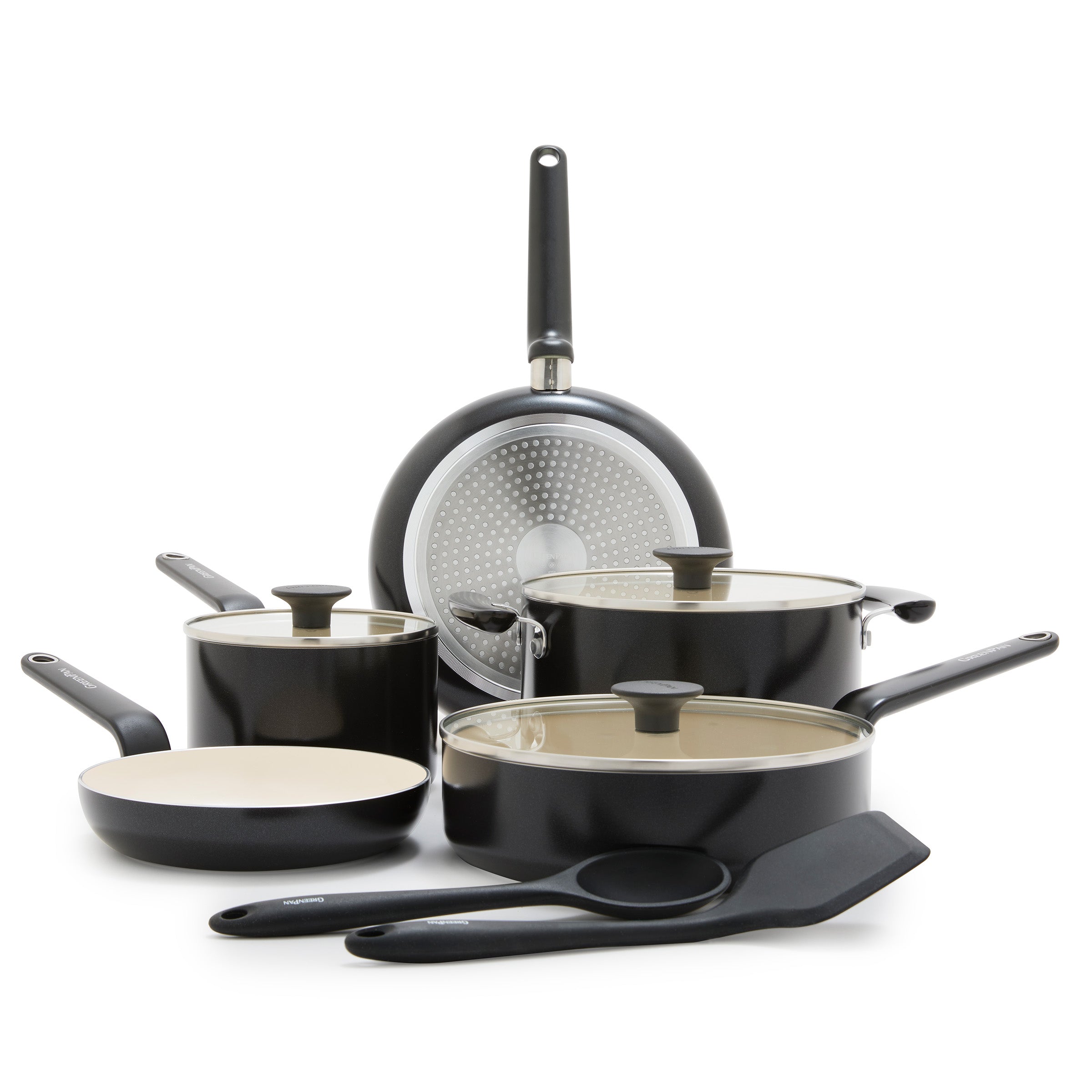 10-piece ceramic nonstick cookware set with pots, pans, lids, and black utensils on a white background.