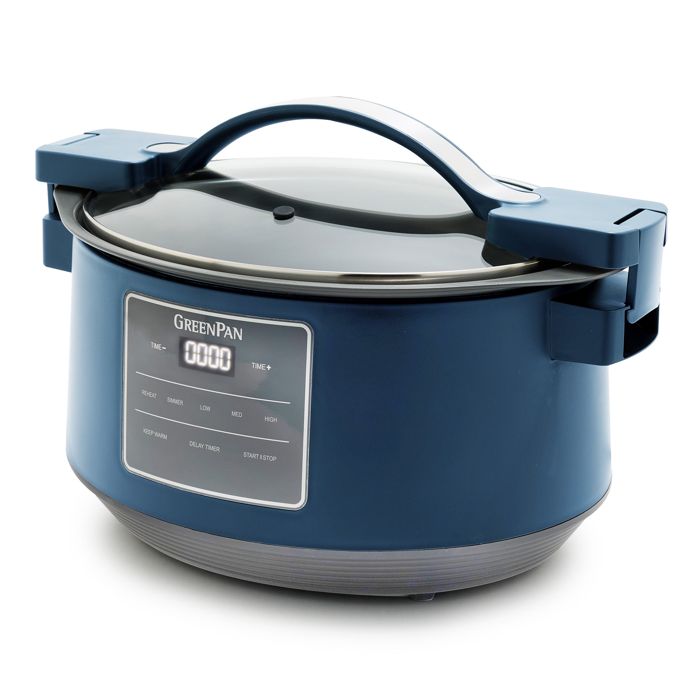 Blue GreenPan slow cooker on a white background