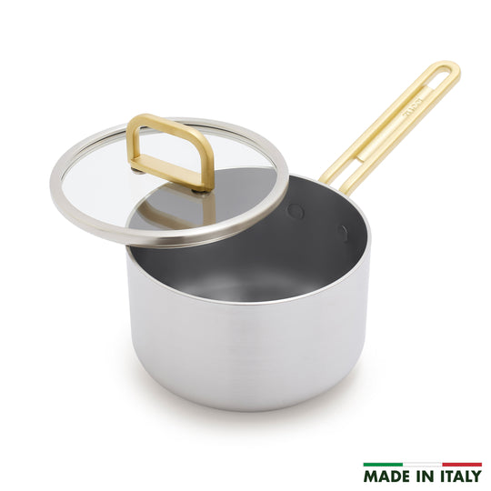 Stanley Tucci™ Stainless Steel Ceramic Nonstick 2-Quart Saucepan with Lid | Champagne Handles