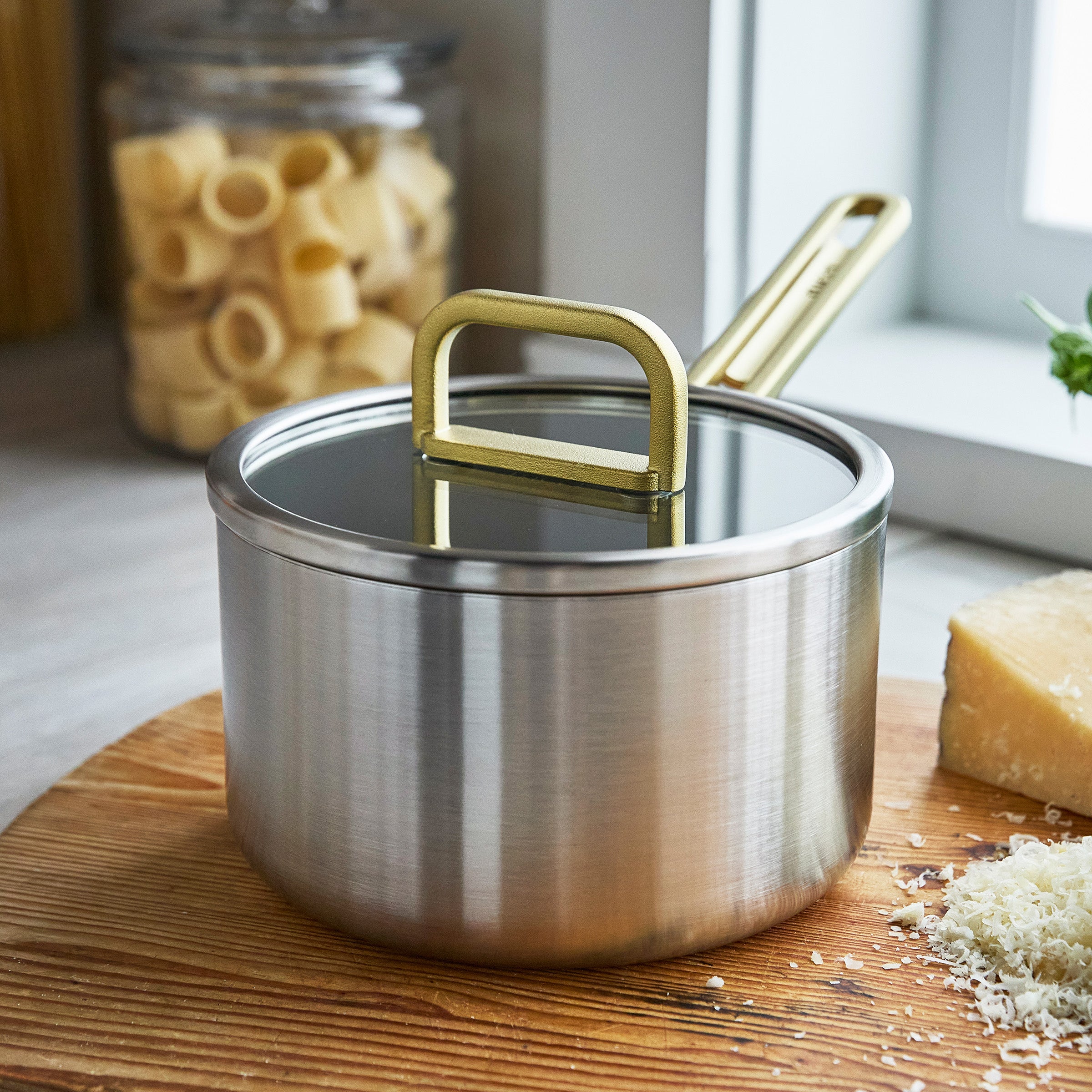 Stanley Tucci™ Stainless Steel Ceramic Nonstick 2-Quart Saucepan with Lid | Champagne Handles