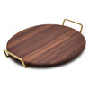 Wooden pizza stone with gold handles on a white background