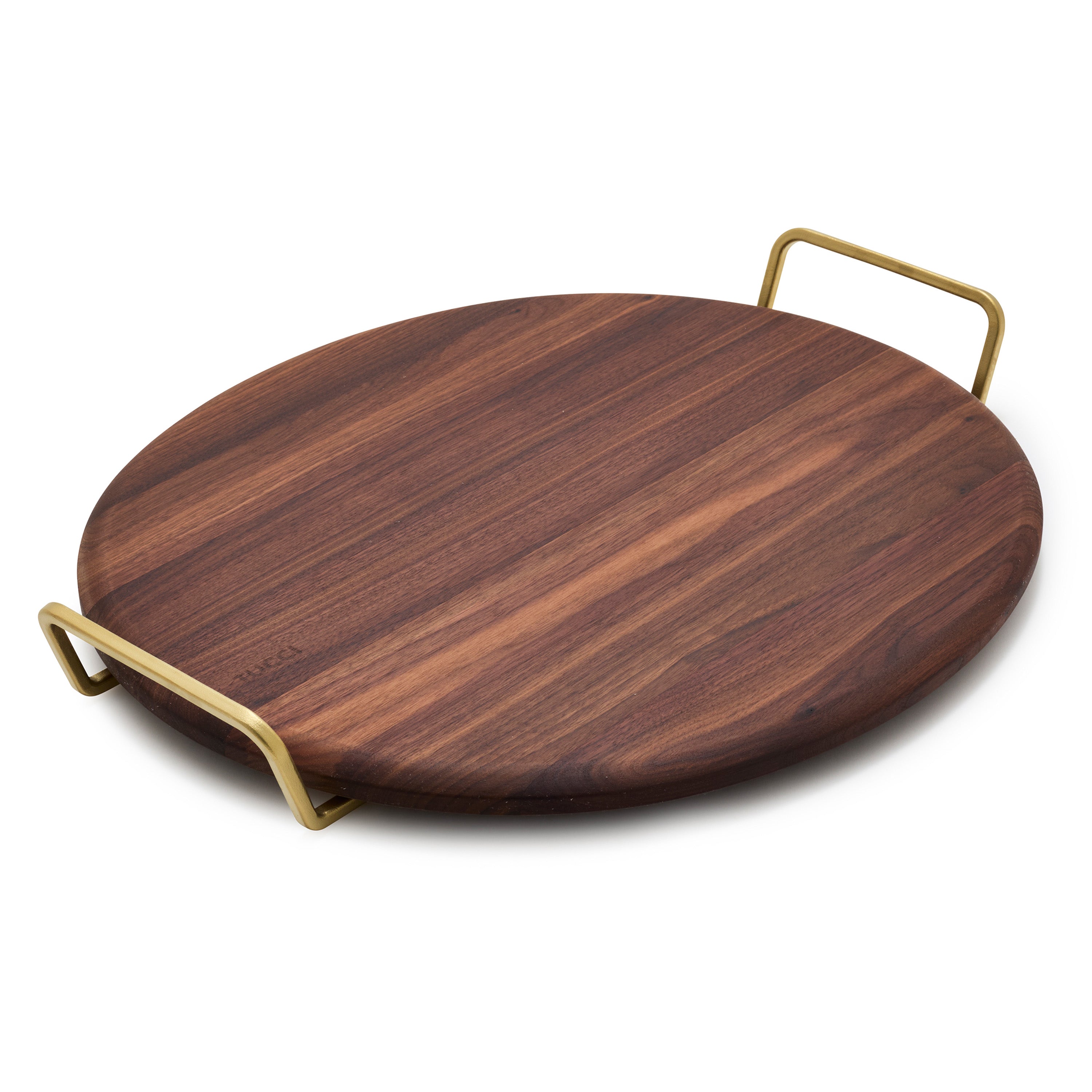 Wooden pizza stone with gold handles on a white background