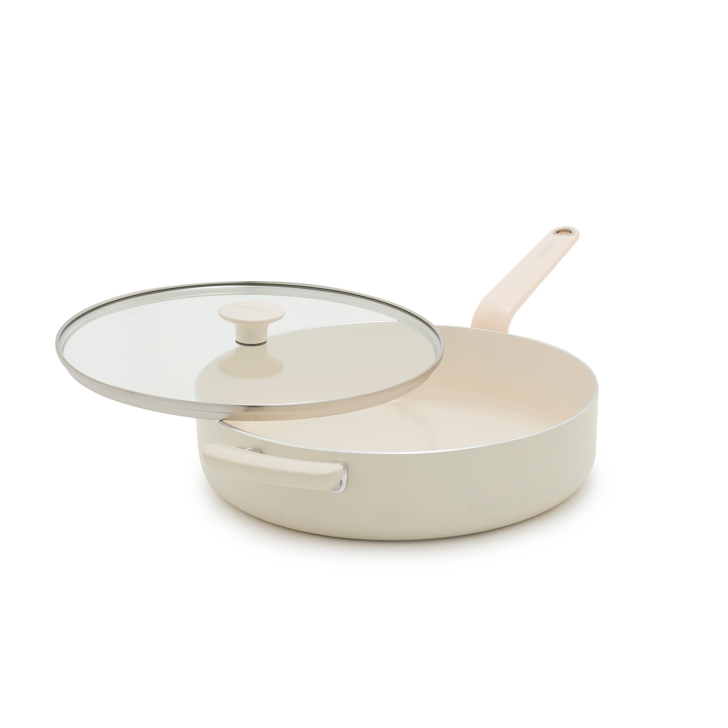 Cream ceramic 5-quart sauté pan with lid, partially open, shown on a white background.