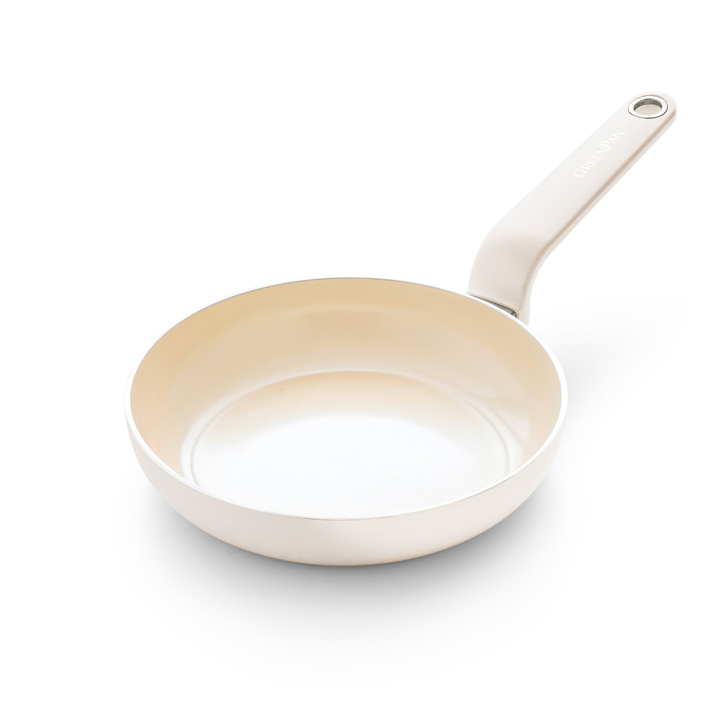 Cream-colored 8-inch ceramic frypan with a lightweight handle, shown against a white background.