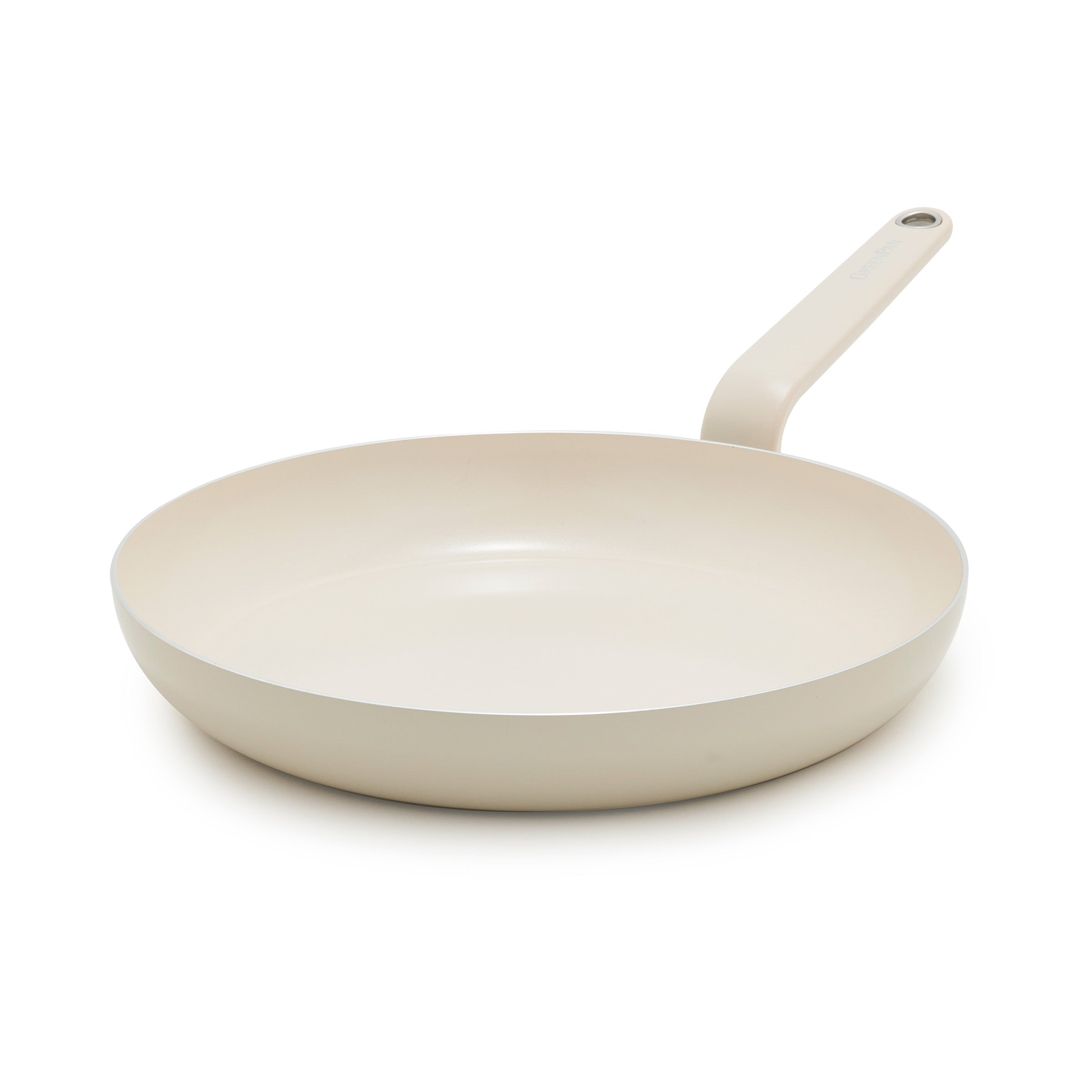Cream ceramic nonstick 12-inch frypan with matching handle on a white background.
