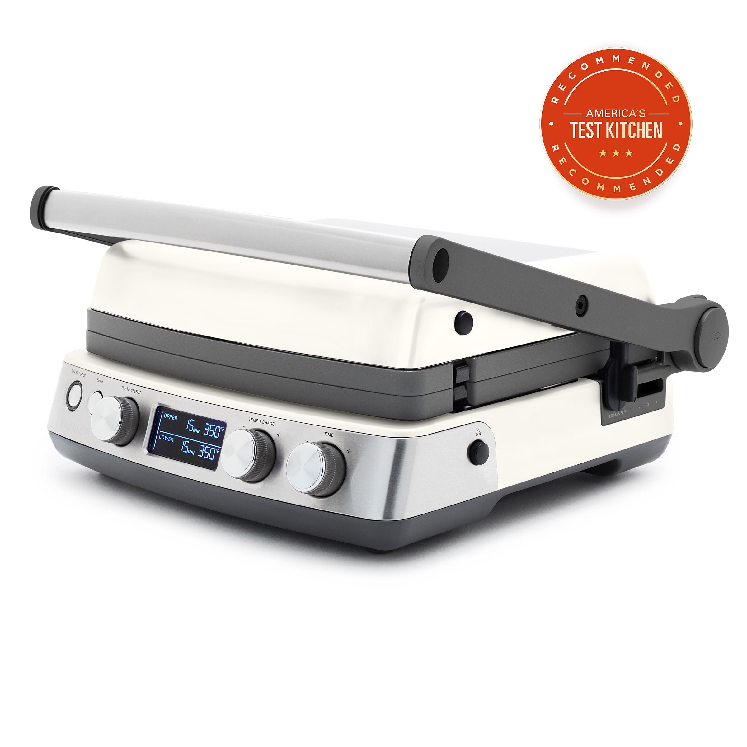 Multifunctional kitchen appliance with digital display and control knobs on a white background, featuring 'America's Test Kitchen' logo.