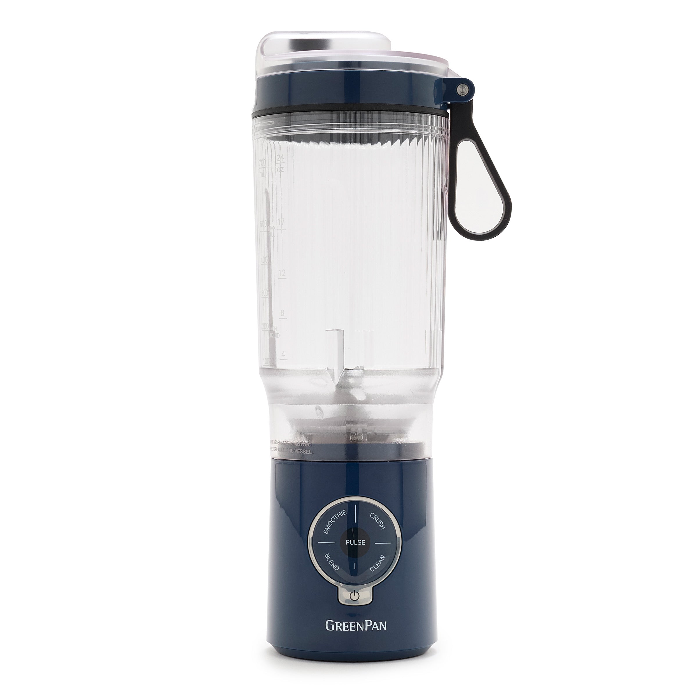 Blue and clear portable blender with 'GreenPan' branding on a white background