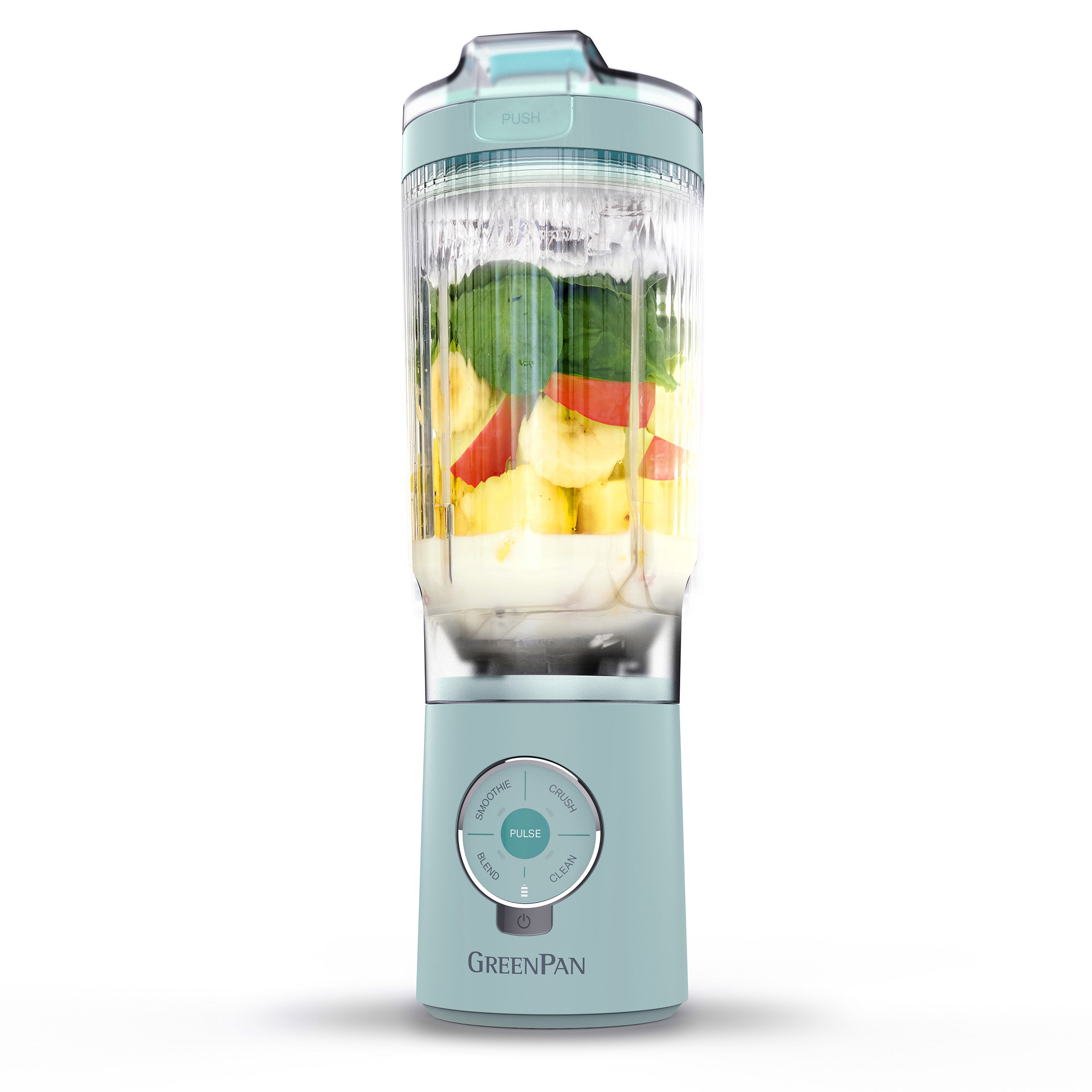 Portable blender with fruits inside on a white background, featuring the brand 'GreenPan'.