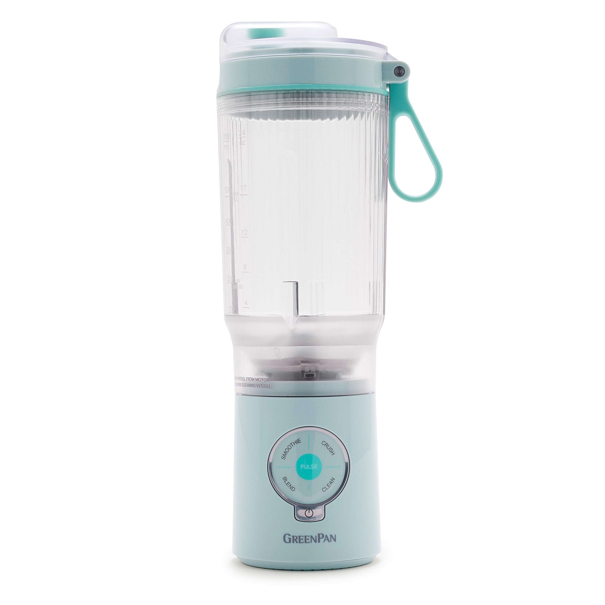 Portable blender with a clear container and blue accents on a white background