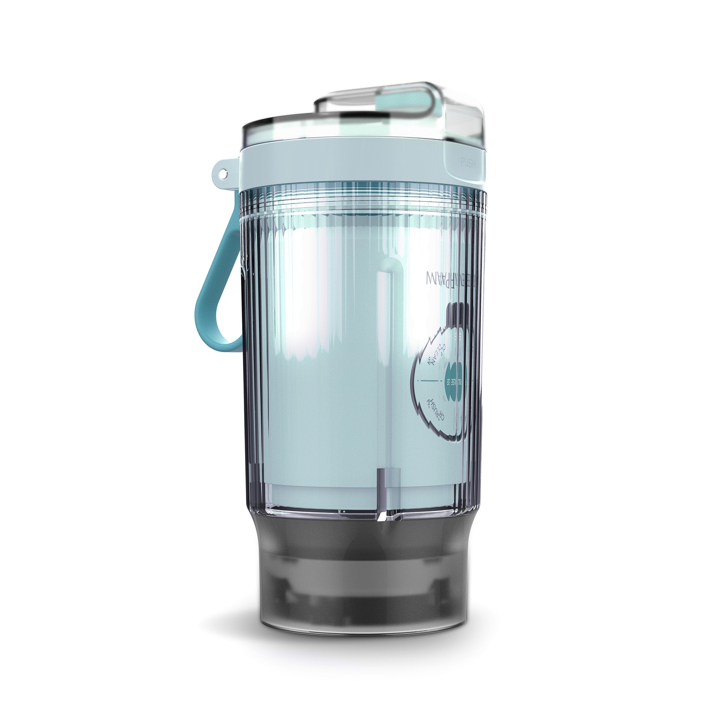 Clear blender jar with blue accents on a white background