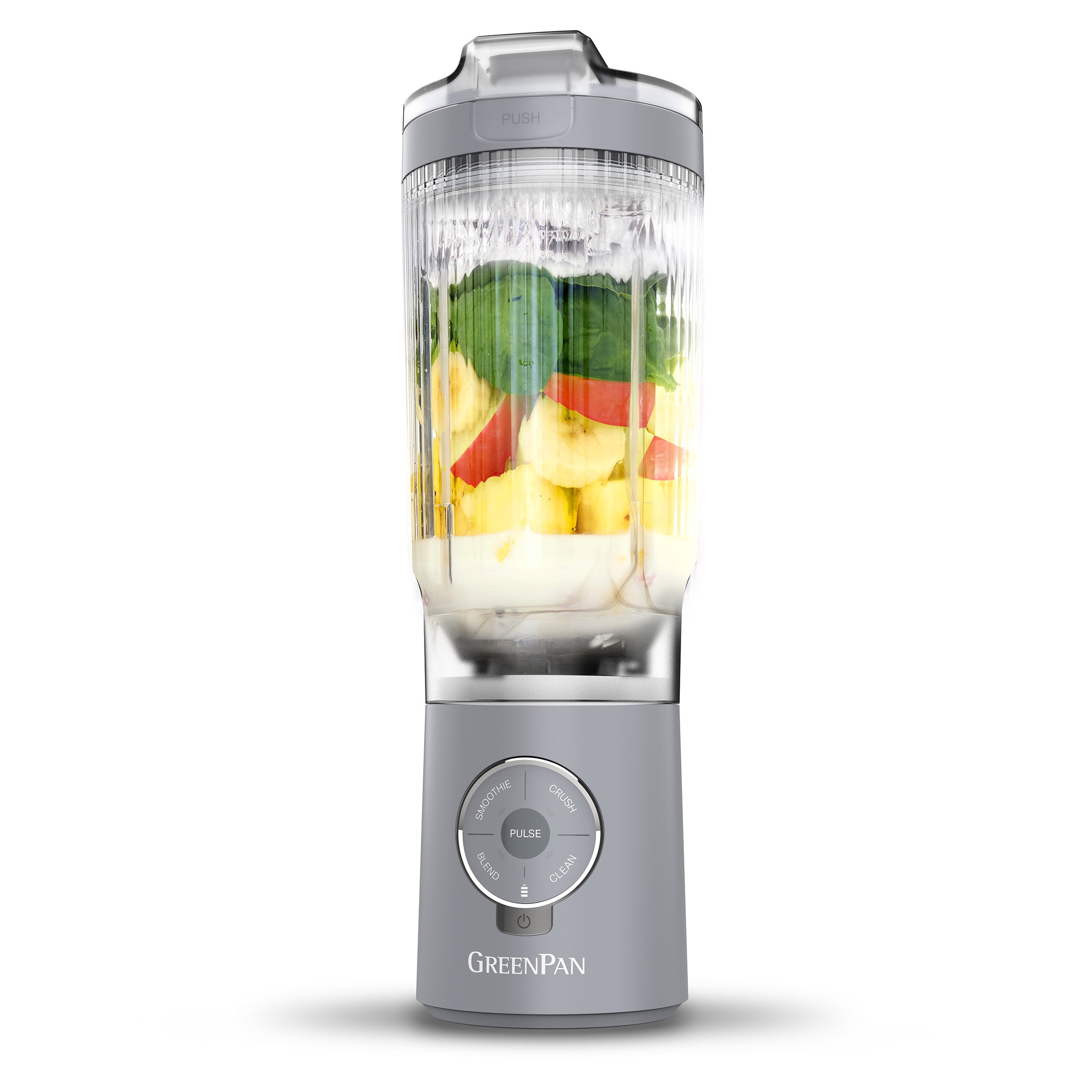 Portable blender with fruits inside on a white background, featuring the GreenPan brand.