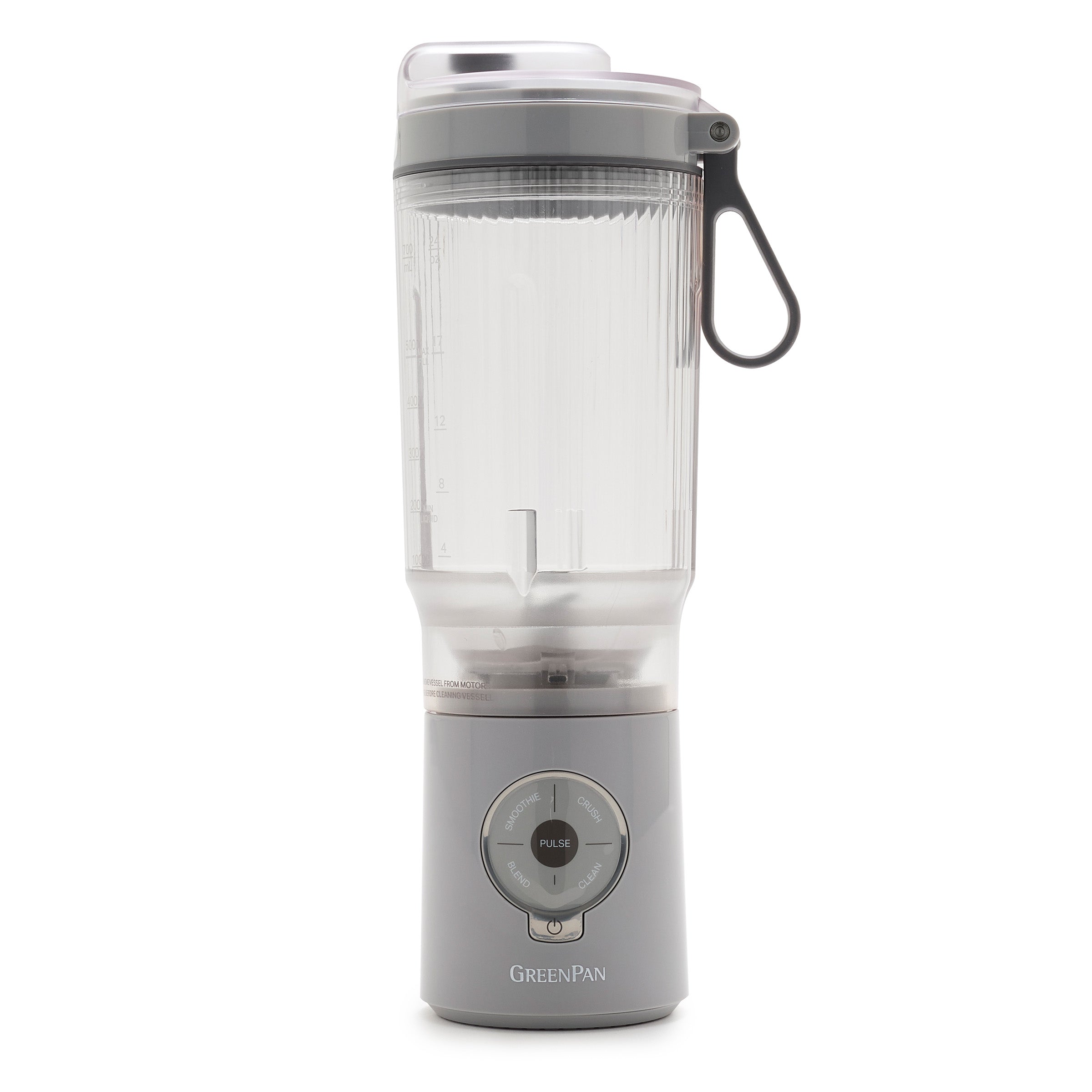 Portable blender with clear container and gray base on a white background
