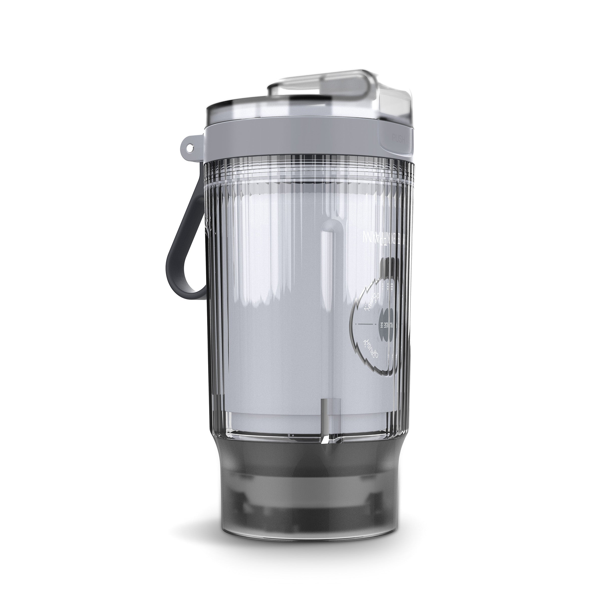 Clear blender container with gray base and lid on a white background