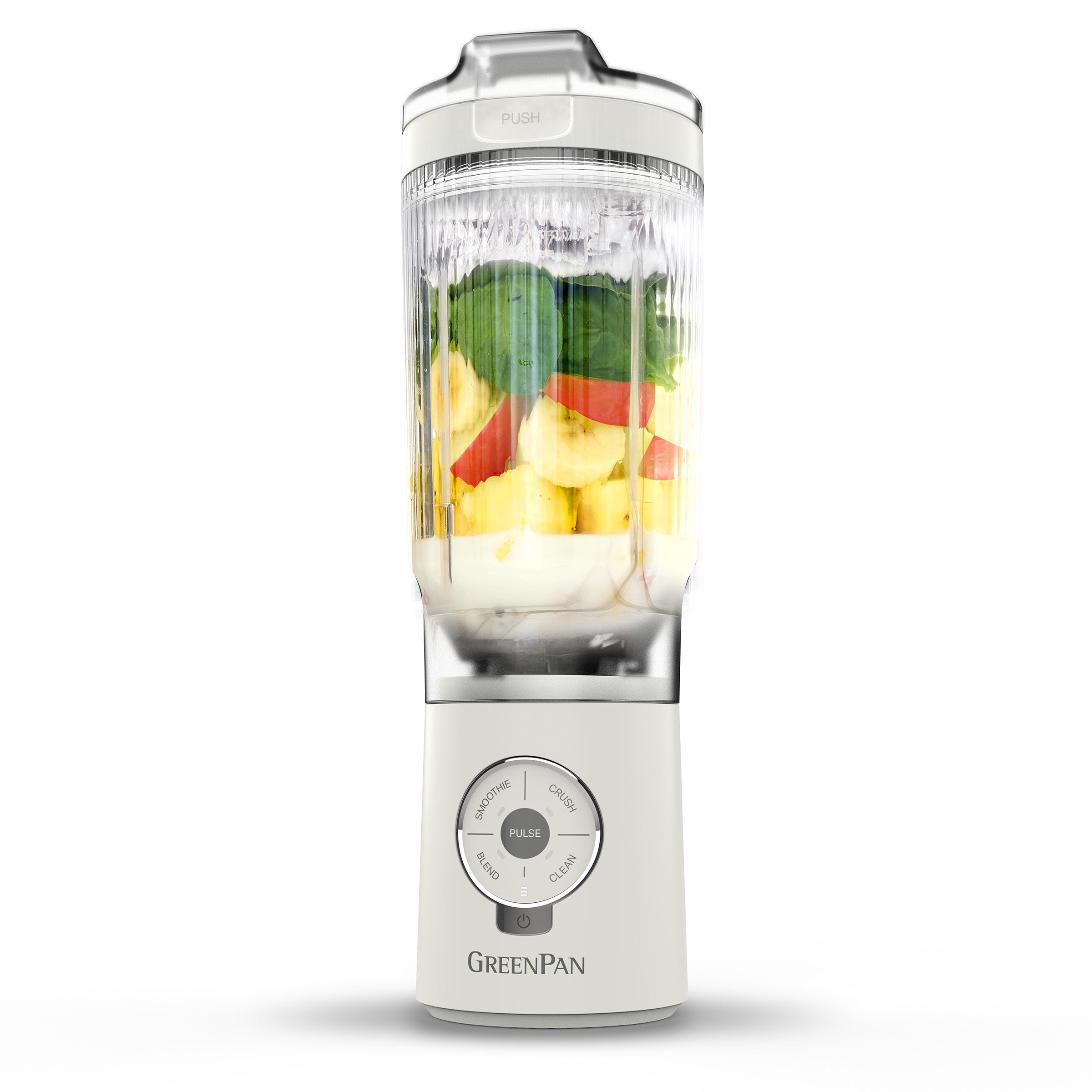 White portable blender with fruits inside on a white background, featuring the GreenPan brand.