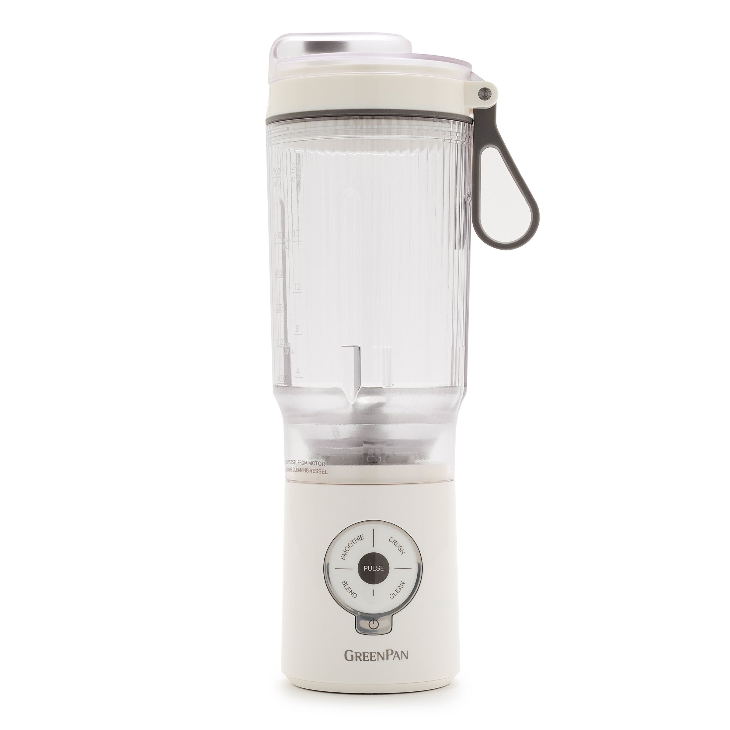White portable blender with clear container on a white background