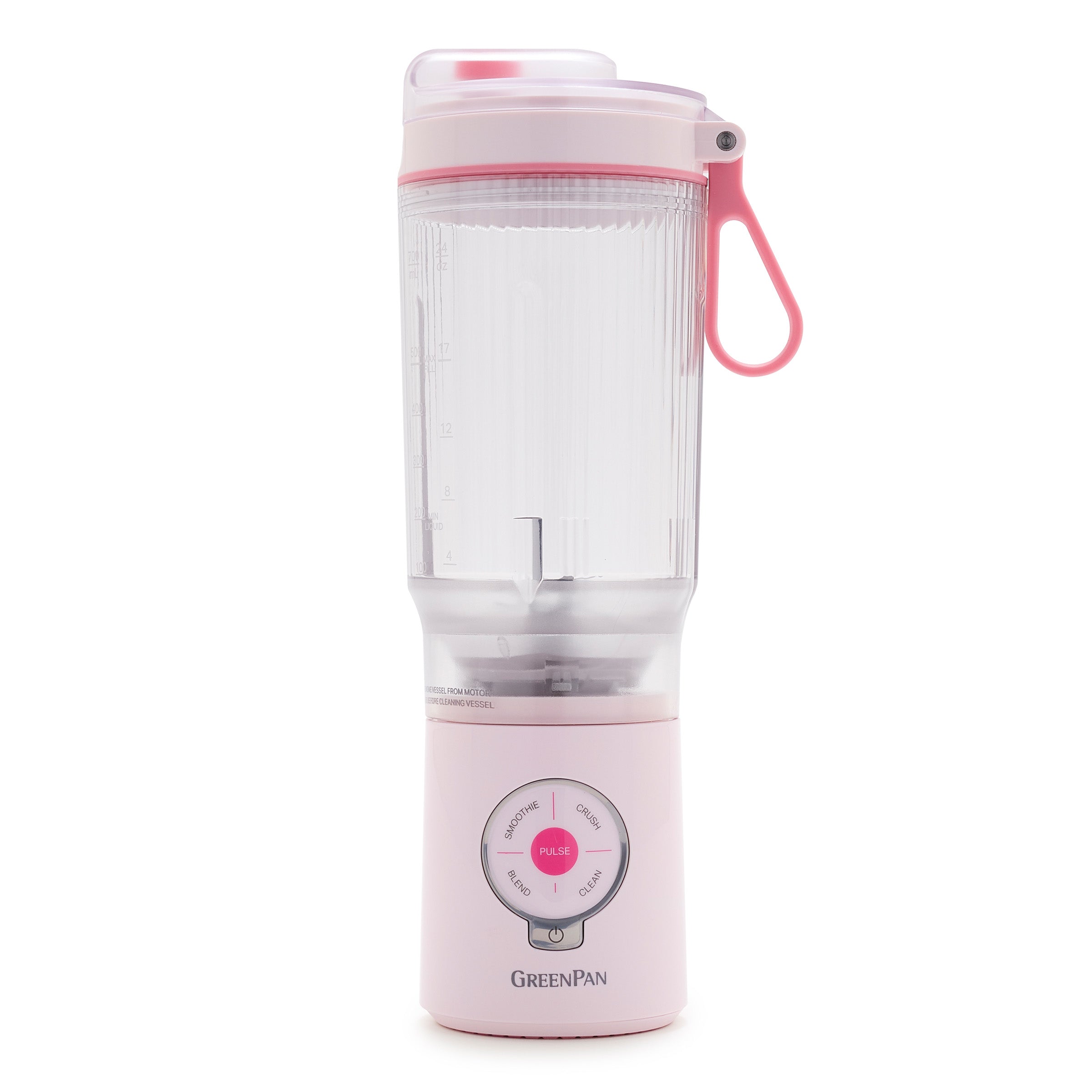 Pink and clear portable blender with a visible brand logo on a white background