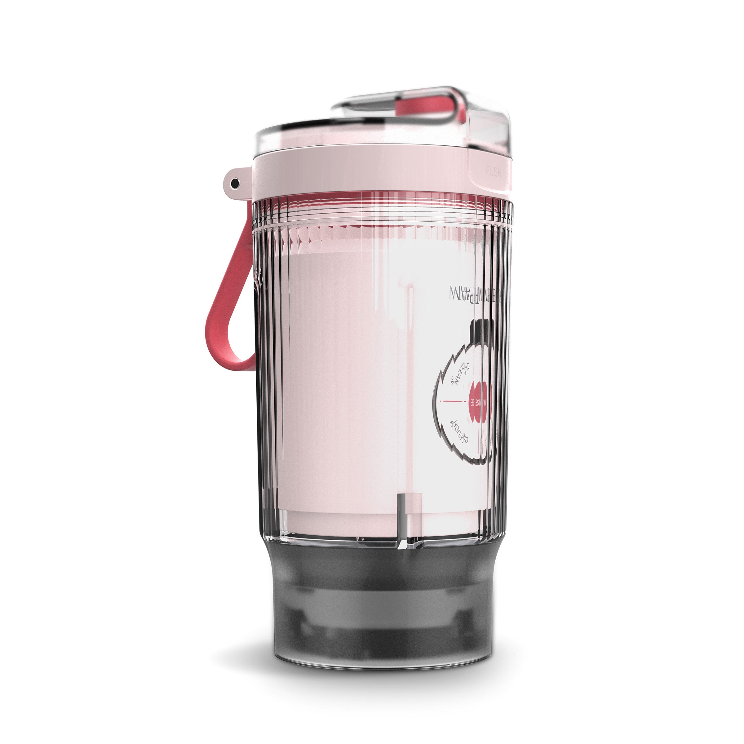 Pink and clear portable blender on a white background