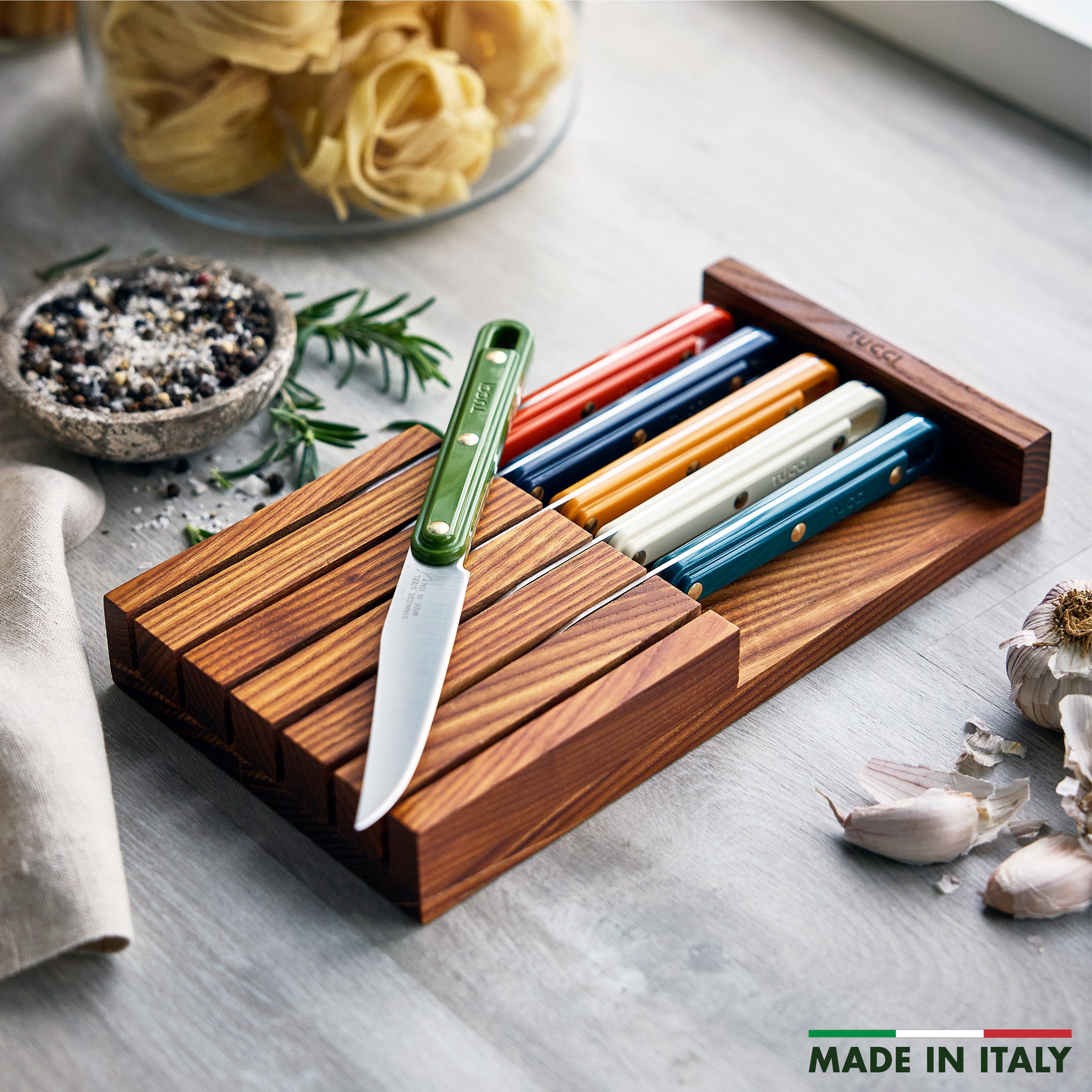 Stanley Tucci™ 6-Piece Steak Knife Set with Wood Tray | Multicolor