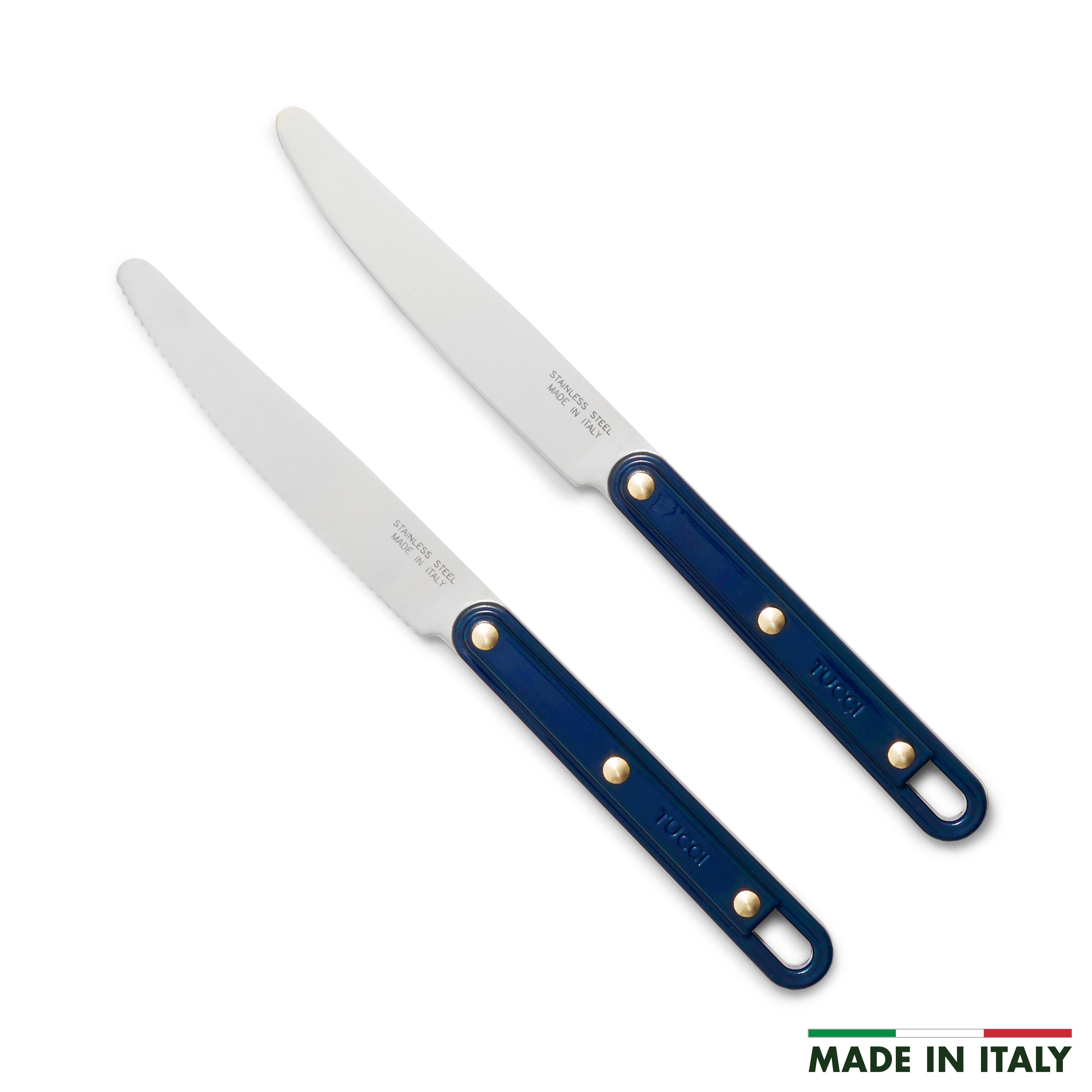 Two kitchen knives with blue handles on a white background, featuring 'Made in Italy' text.