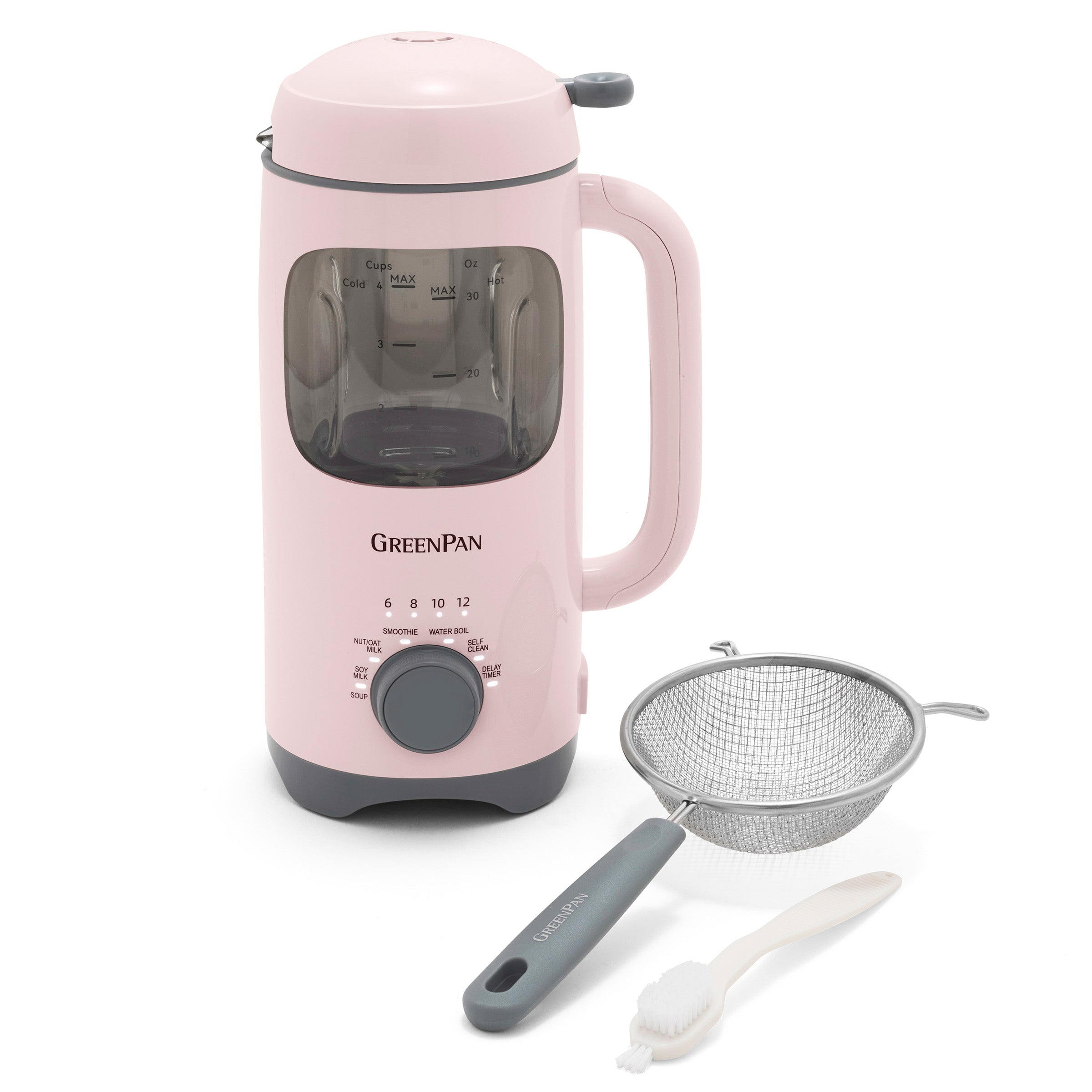 Pink kitchen appliance with strainer and cleaning brush on a white background