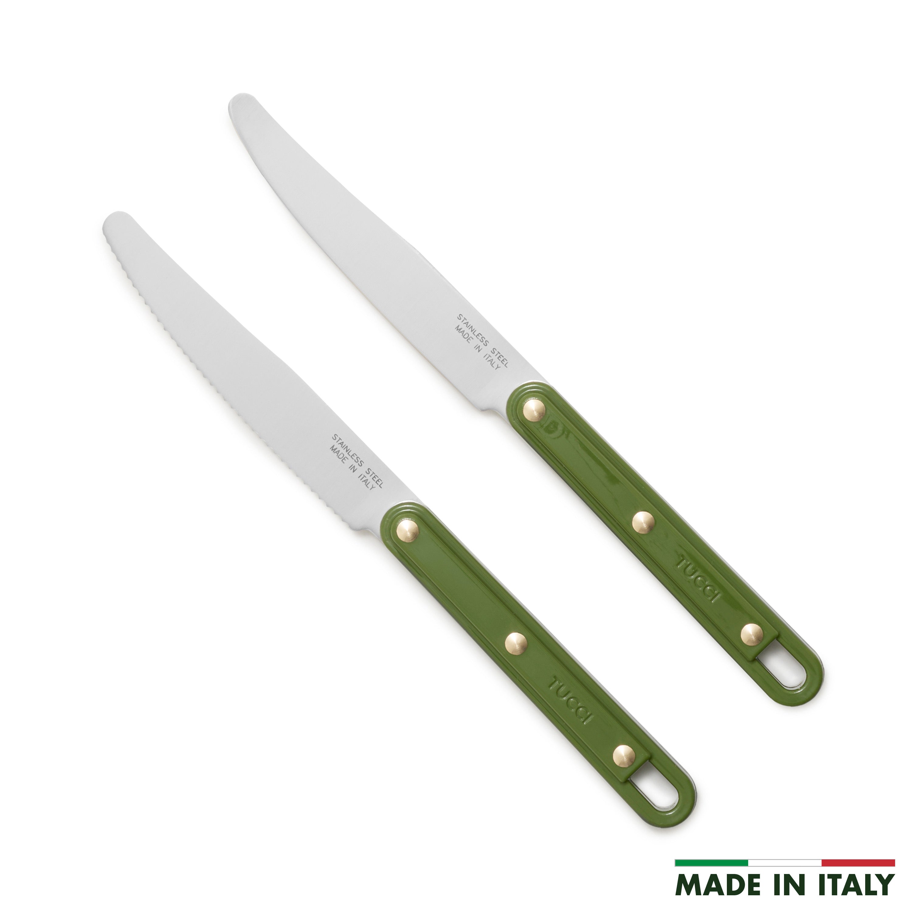 Two kitchen knives with green handles on a white background, featuring 'Made in Italy' text.