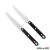 Two kitchen knives with black handles on a white background, featuring 'Made in Italy' text.