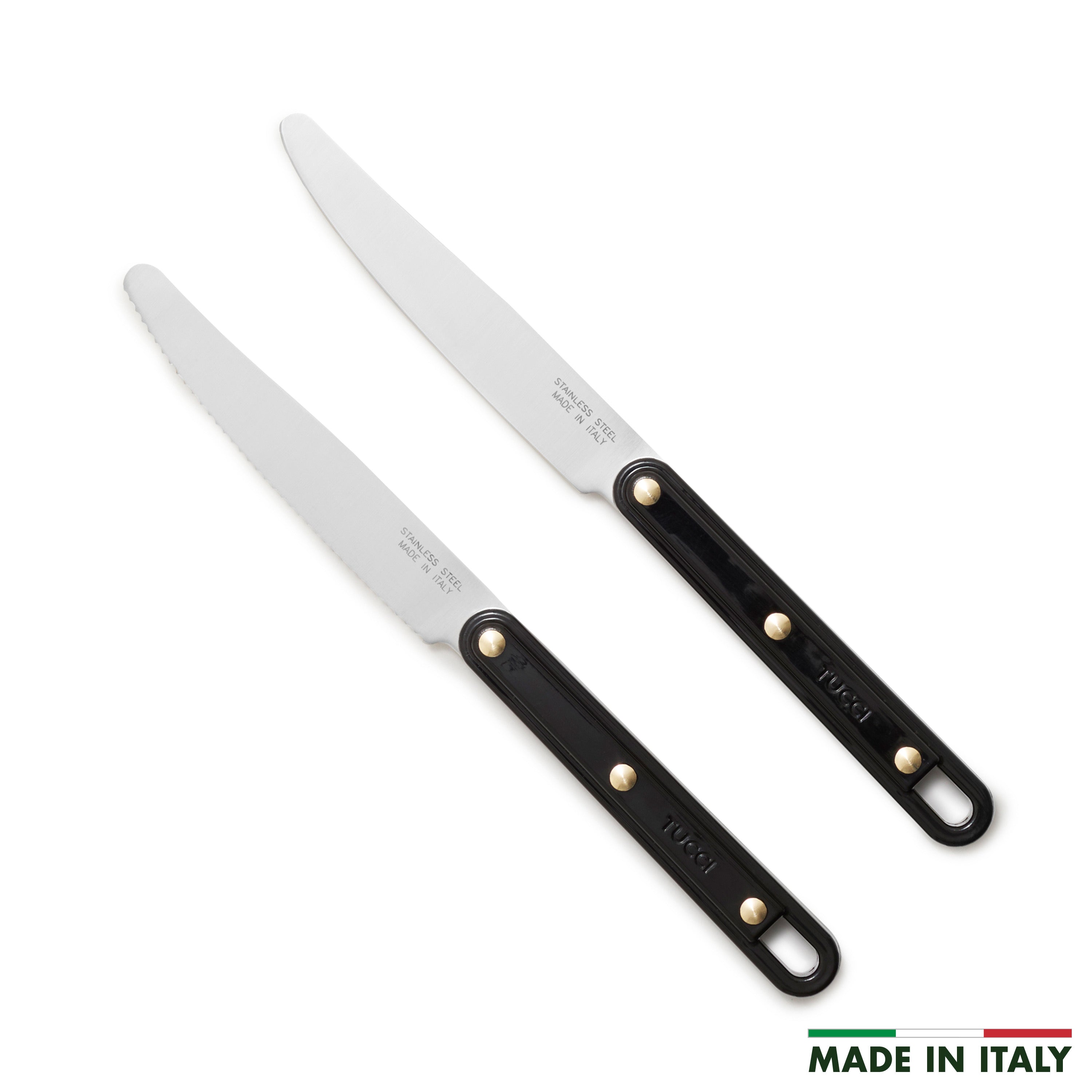 Two kitchen knives with black handles on a white background, featuring 'Made in Italy' text.