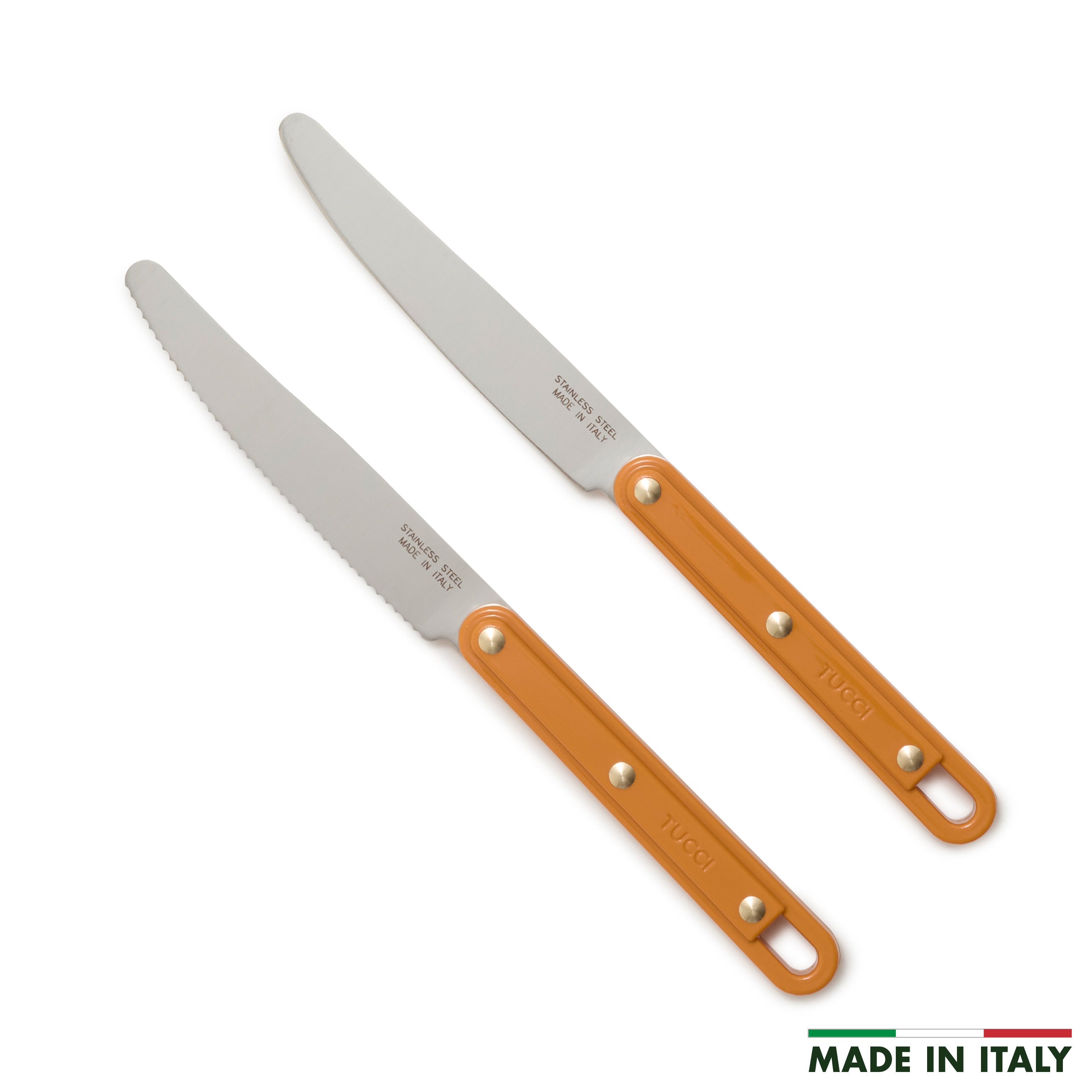 Two kitchen knives with yellow handles on a white background, featuring 'Made in Italy' text.