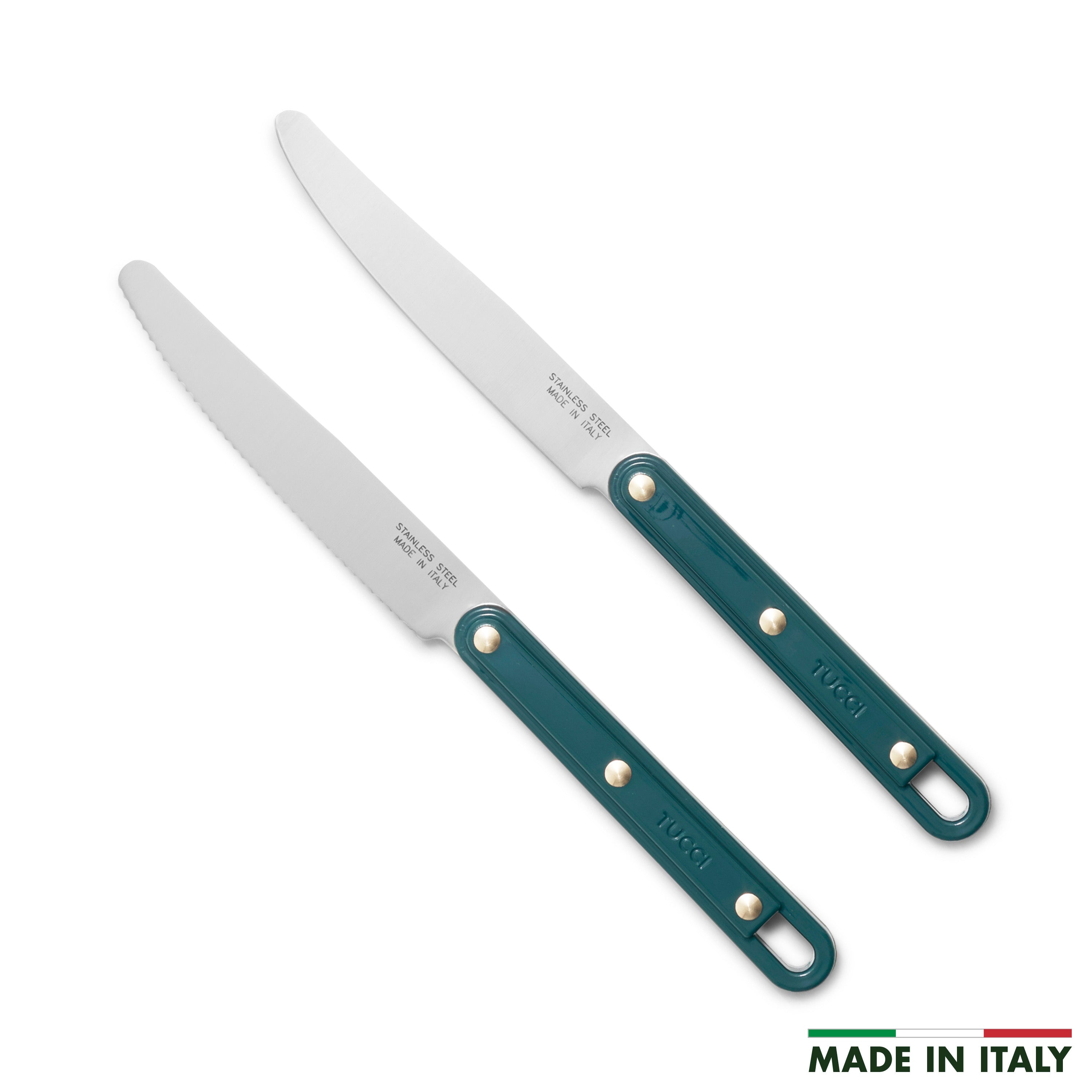 Two kitchen knives with teal handles on a white background, featuring 'Made in Italy' text.