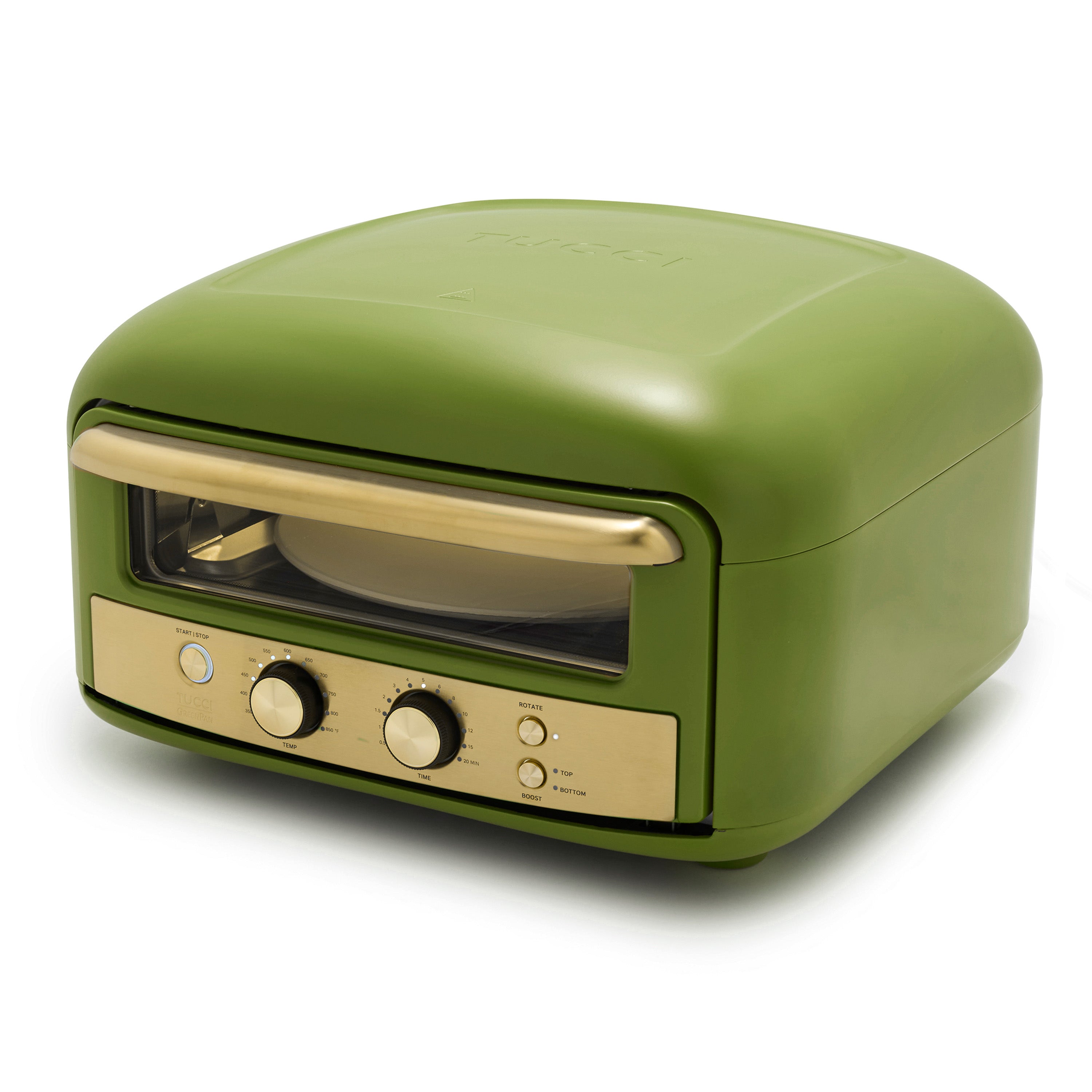 Green pizza oven with gold accents on a white background