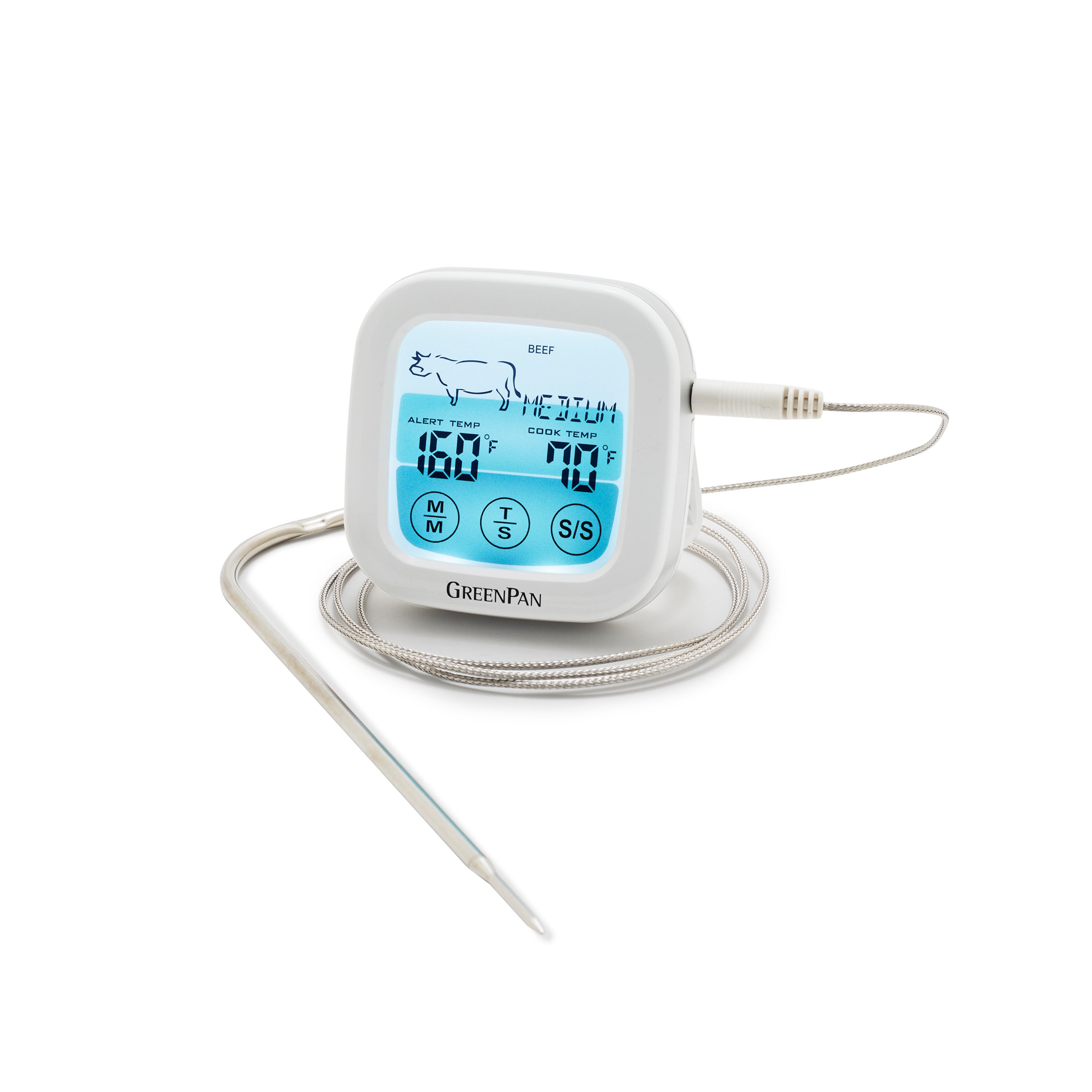 Digital oven thermometer and timer with real-time readings on a blue backlit display.