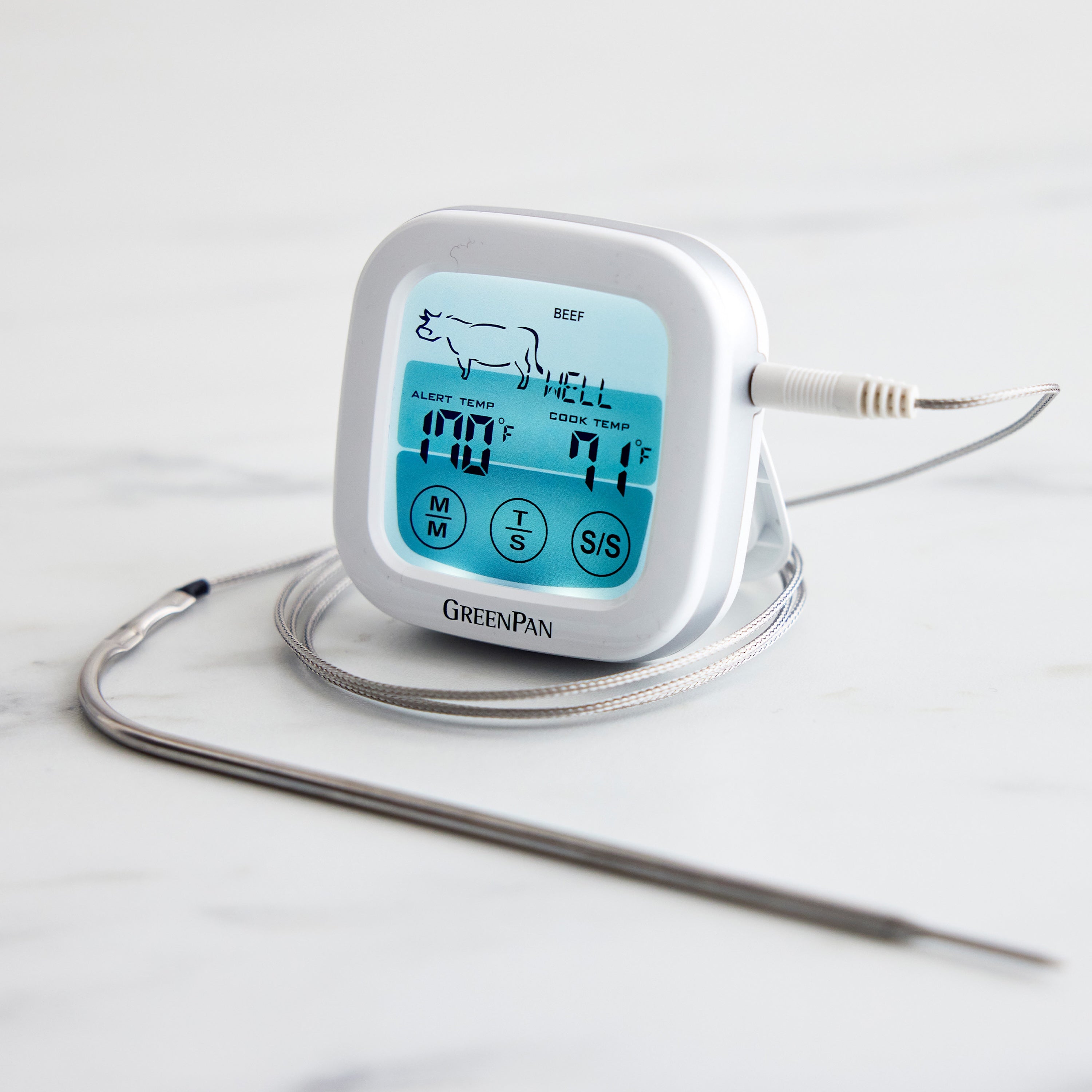Digital oven thermometer with probe and timer, displaying beef temperature, on a white surface.
