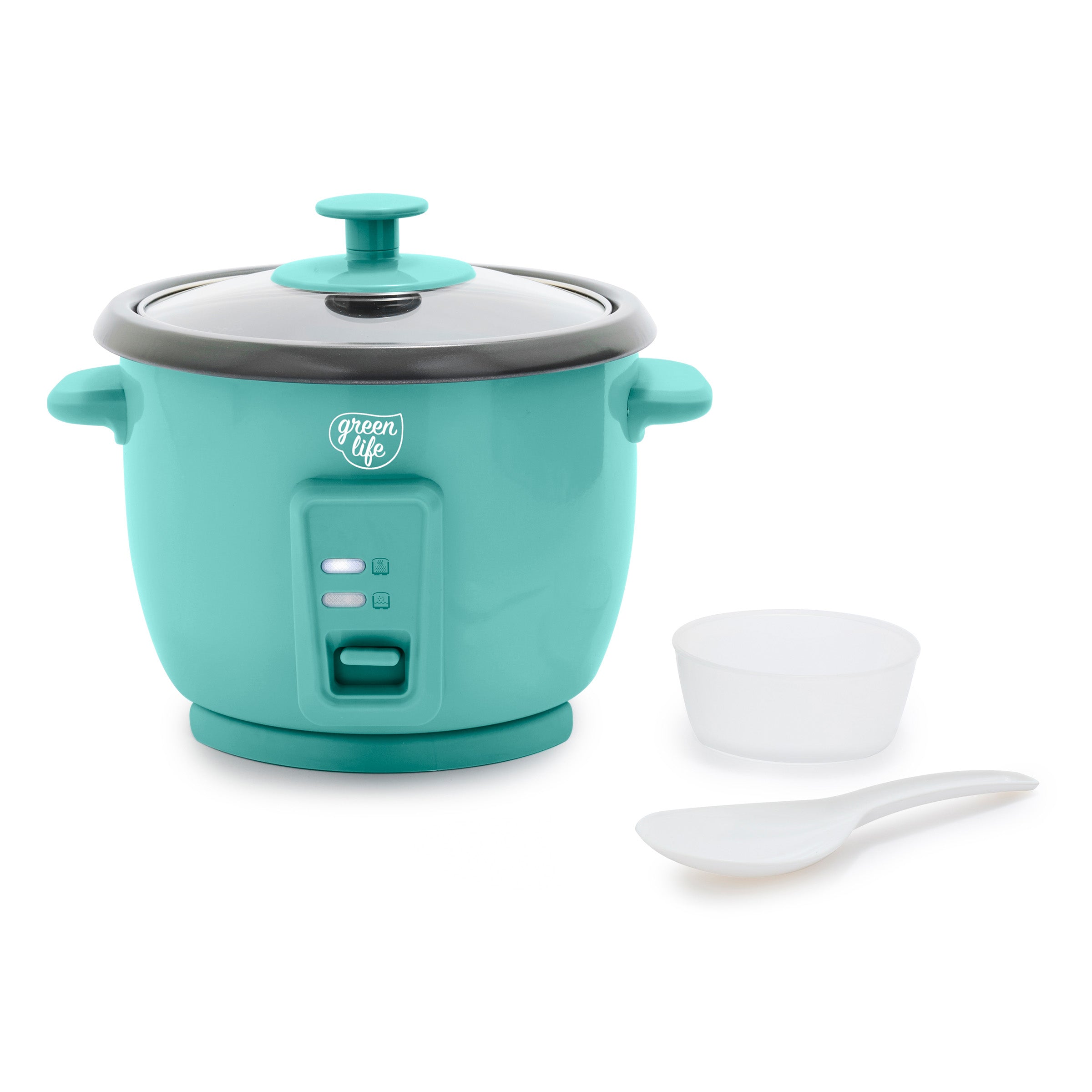 Turquoise rice cooker with a white spoon and bowl on a white background